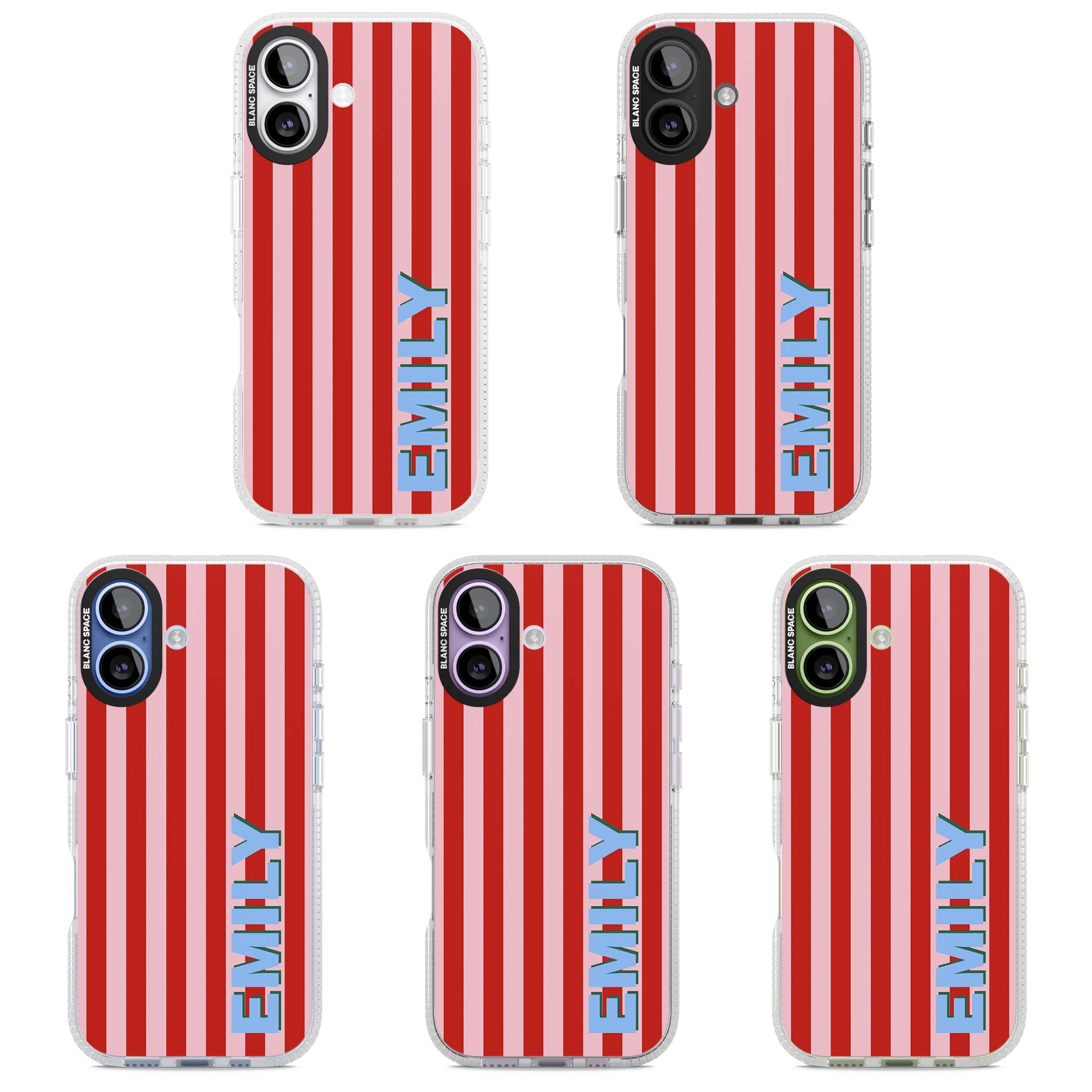 Market Stripe personalised iPhone case with red and pink vertical stripes and custom blue name | Clear Case Impact Air case for iPhone 17