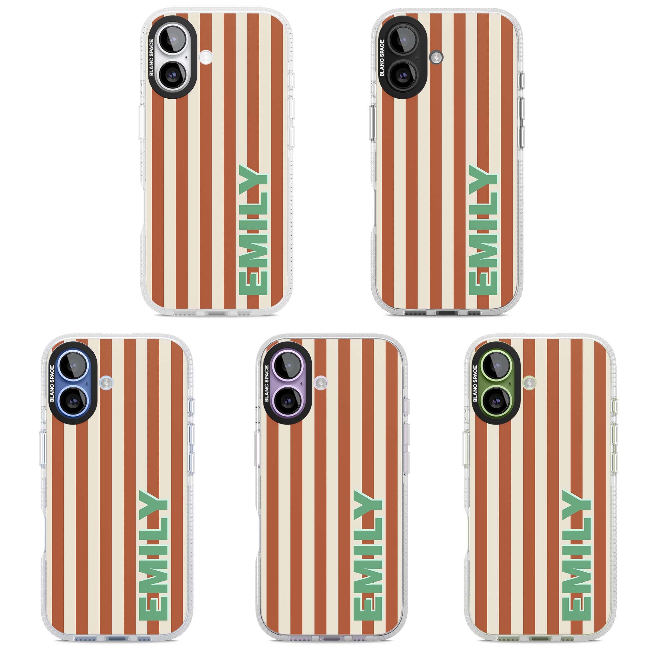 Dune Stripe personalised iPhone case with rust and cream vertical stripes and custom name in mint green | Clear Case Impact Air case for iPhone 17