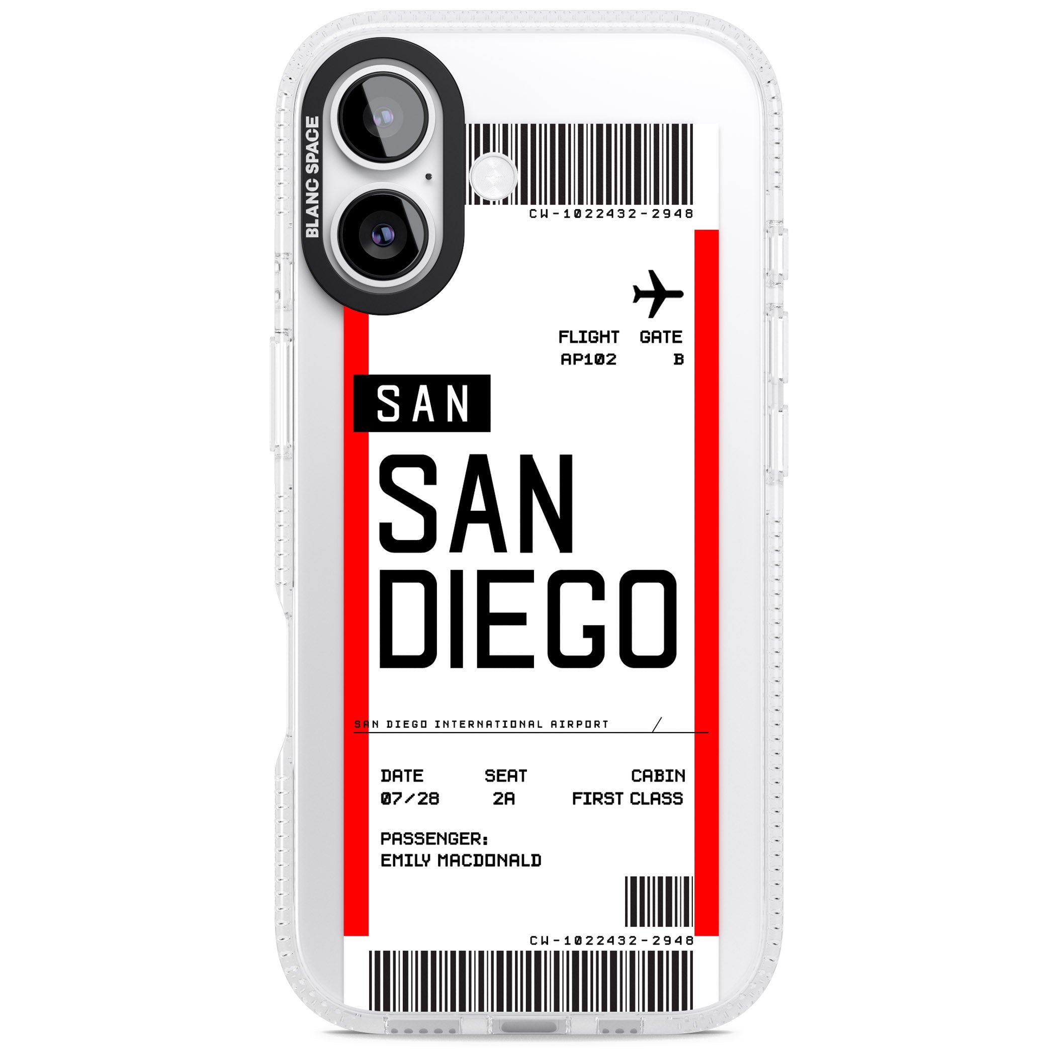 Personalised San Diego Boarding Pass iPhone 17 Impact Air Clear Phone Case