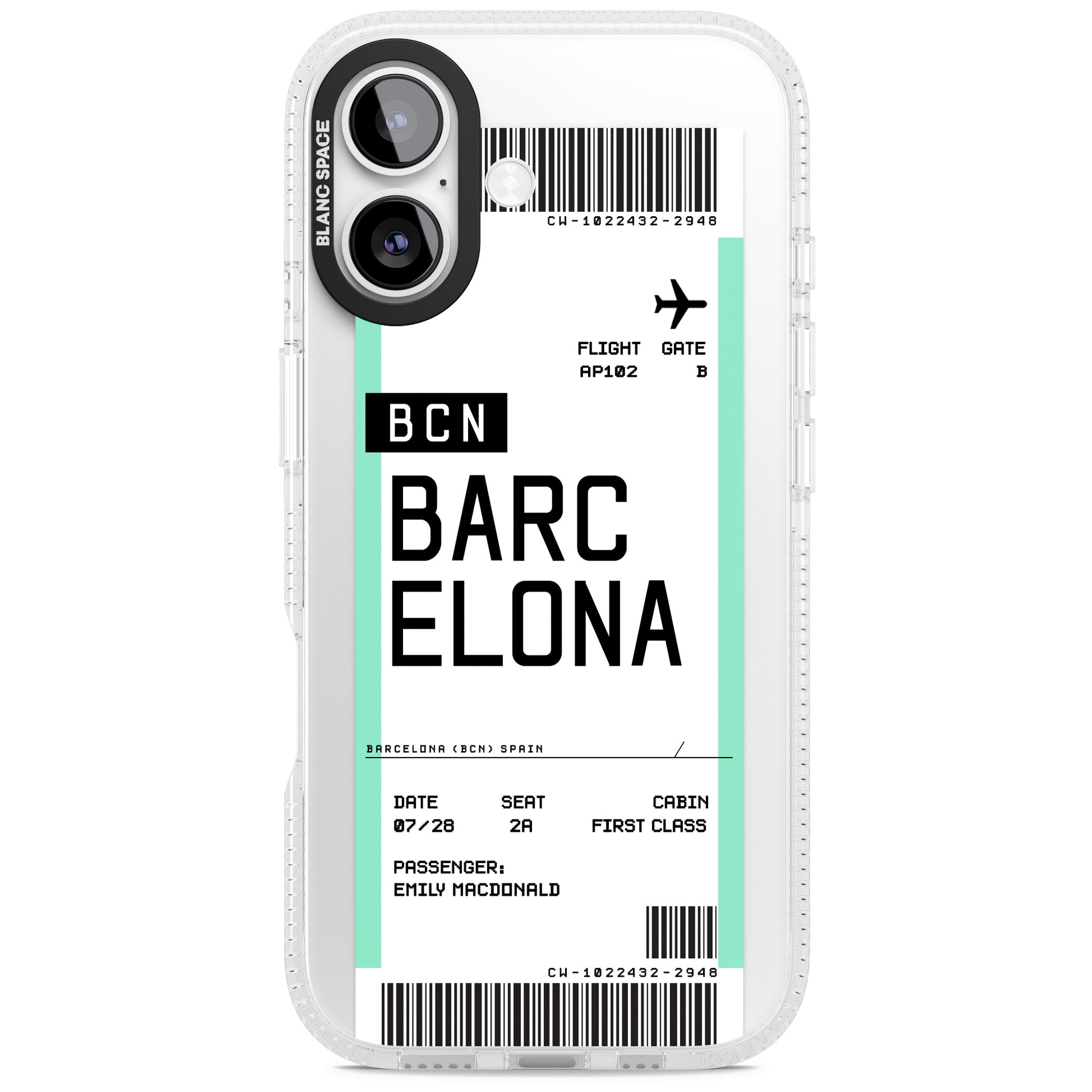 Personalised Barcelona Boarding Pass iPhone 17 Impact Air Clear Phone Case