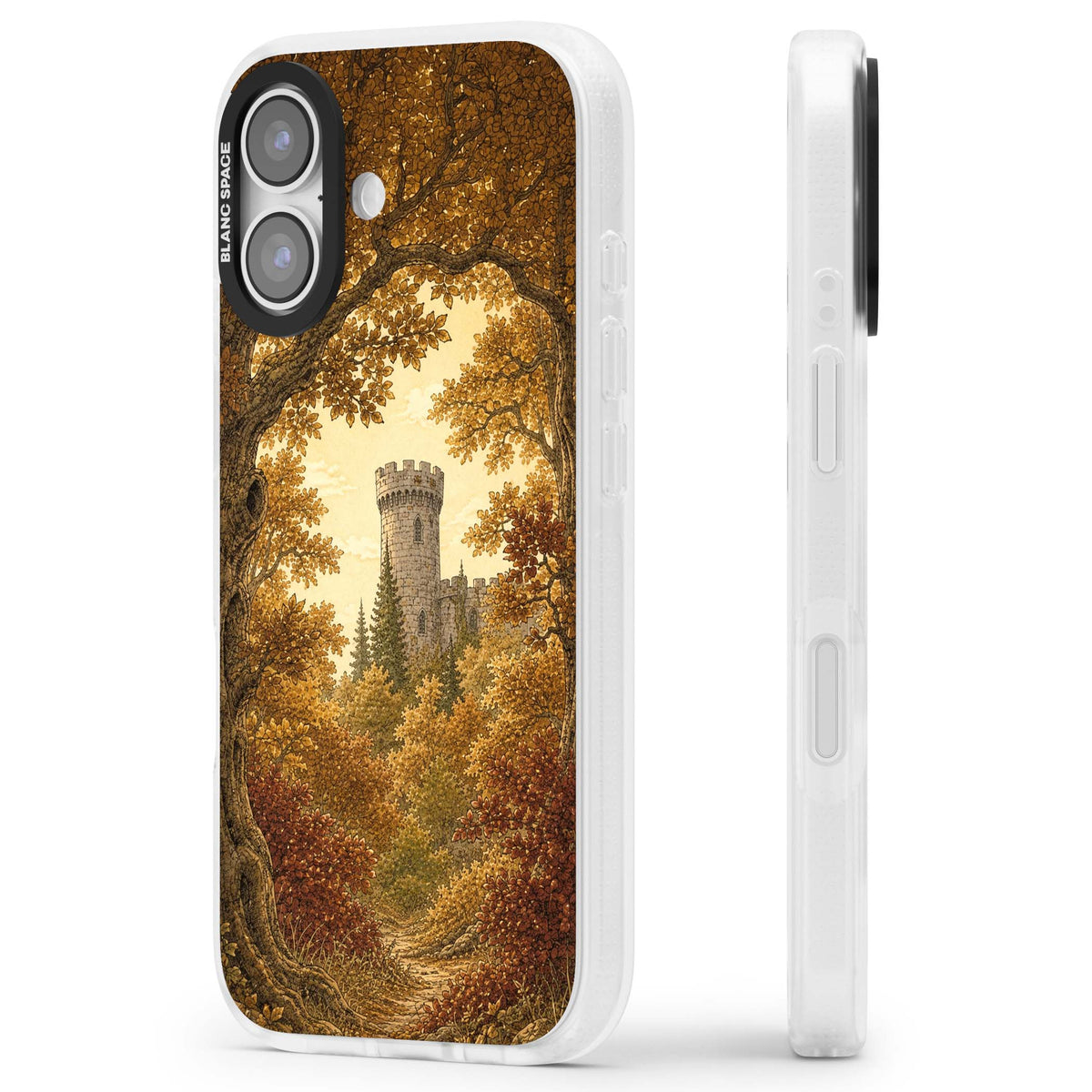 Autumn Keep cottagecore iPhone case featuring a medieval castle tower framed by golden autumn trees and woodland foliage | Clear Case Impact Air case for iPhone 17