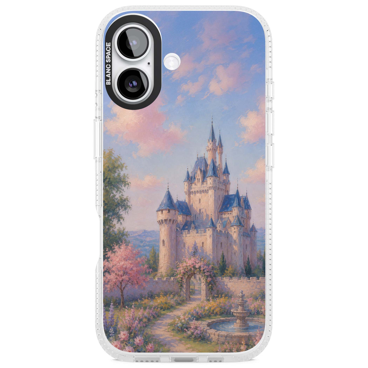 Enchanted Kingdom fairytale iPhone case featuring a romantic castle painting with cherry blossoms and pastel pink sky | Clear Case Impact Air case for iPhone 17