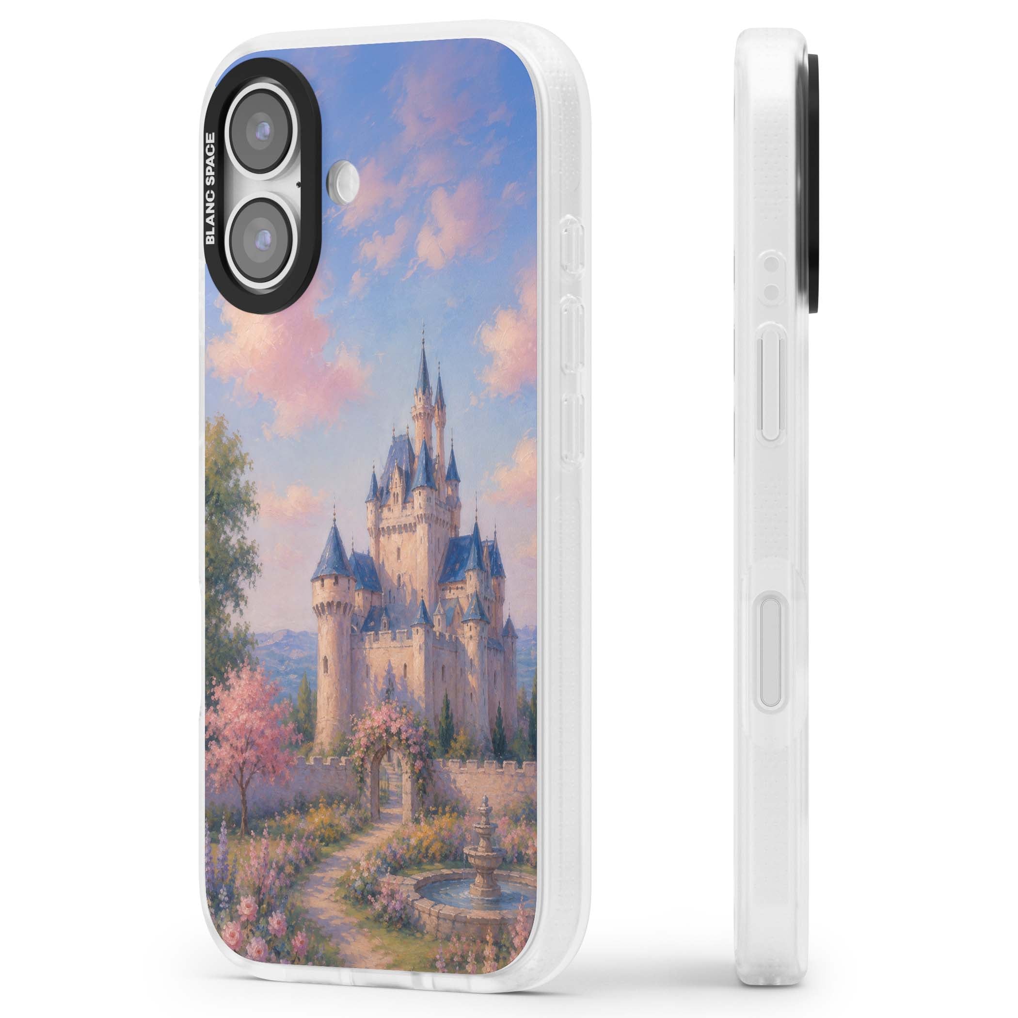 Enchanted Kingdom fairytale iPhone case featuring a romantic castle painting with cherry blossoms and pastel pink sky | Clear Case Impact Air case for iPhone 17