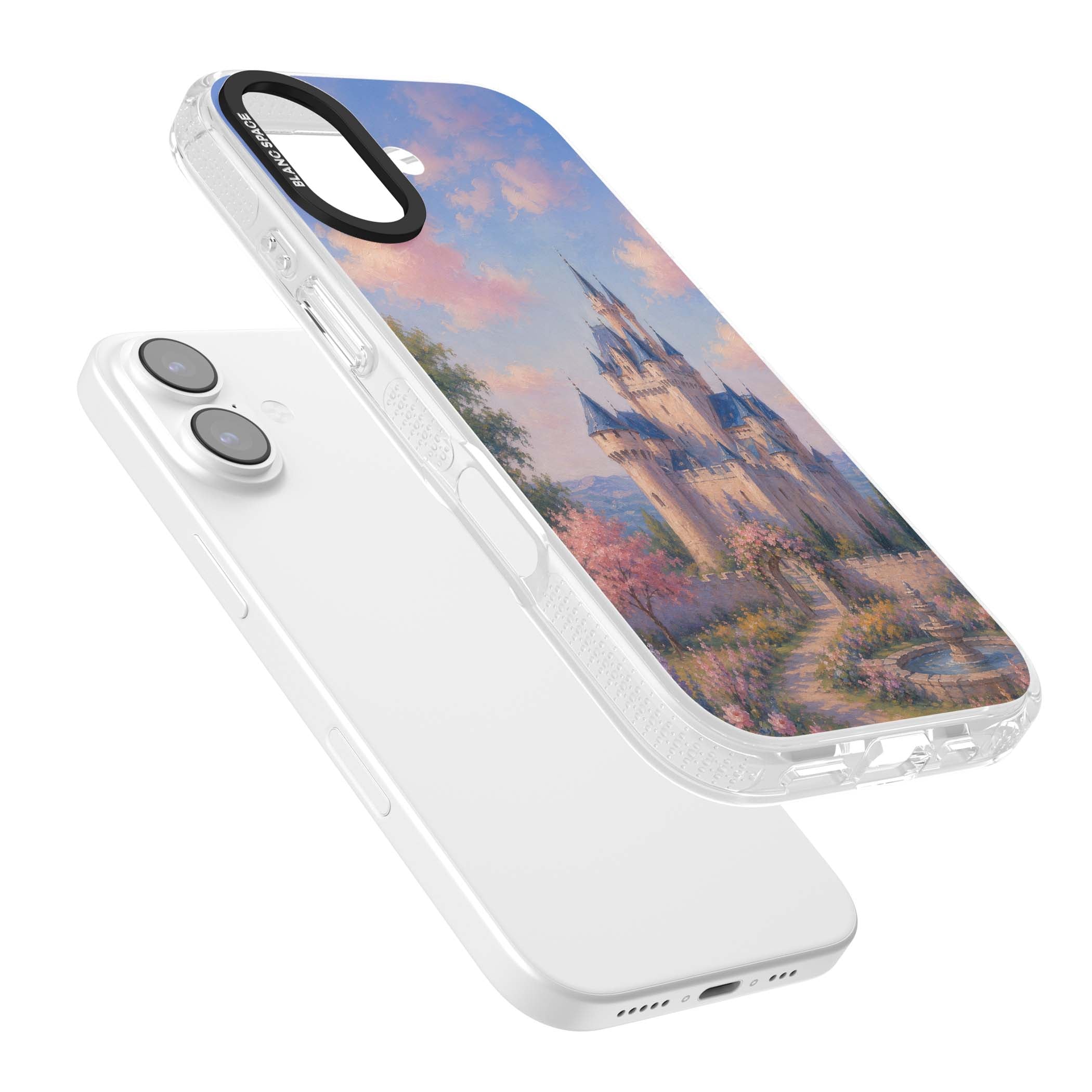 Enchanted Kingdom fairytale iPhone case featuring a romantic castle painting with cherry blossoms and pastel pink sky | Clear Case Impact Air case for iPhone 17