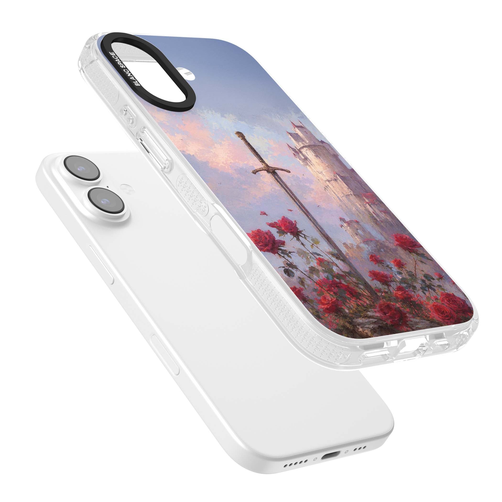 Sword in Roses medieval art iPhone case featuring a sword, red roses, and a misty fairytale castle at sunset | Clear Case Impact Air case for iPhone 17