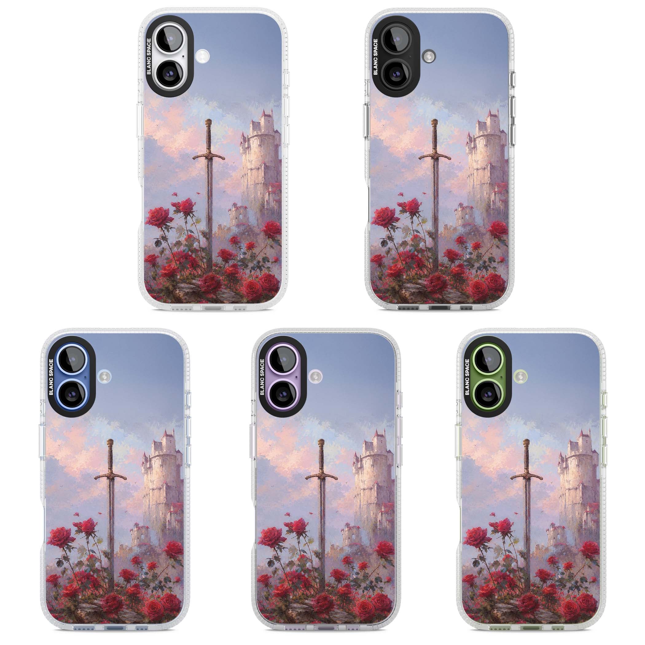Sword in Roses medieval art iPhone case featuring a sword, red roses, and a misty fairytale castle at sunset | Clear Case Impact Air case for iPhone 17