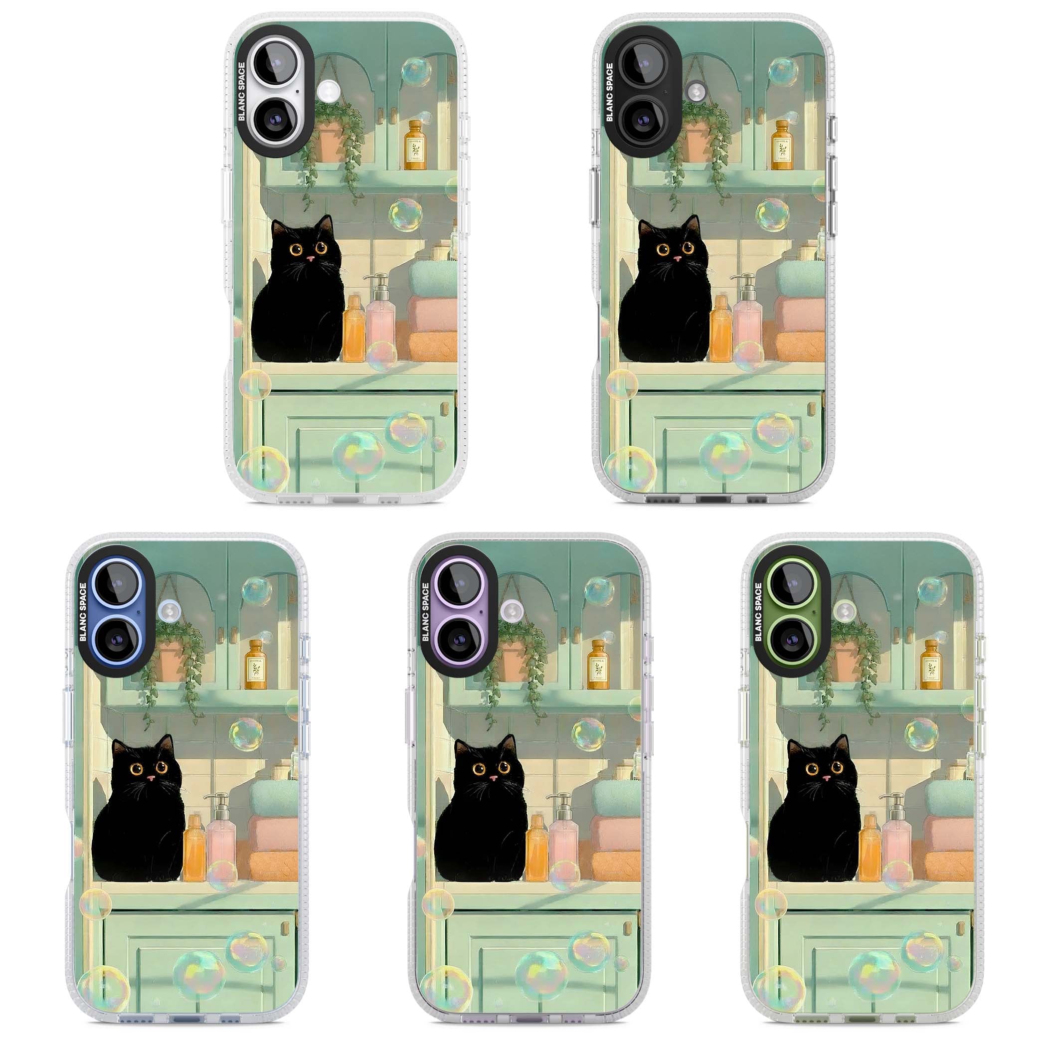 Bathroom Bubble Kitty cottagecore iPhone case featuring a black cat, mint bathroom scene and floating soap bubbles | Clear Case Impact Air case for iPhone 17