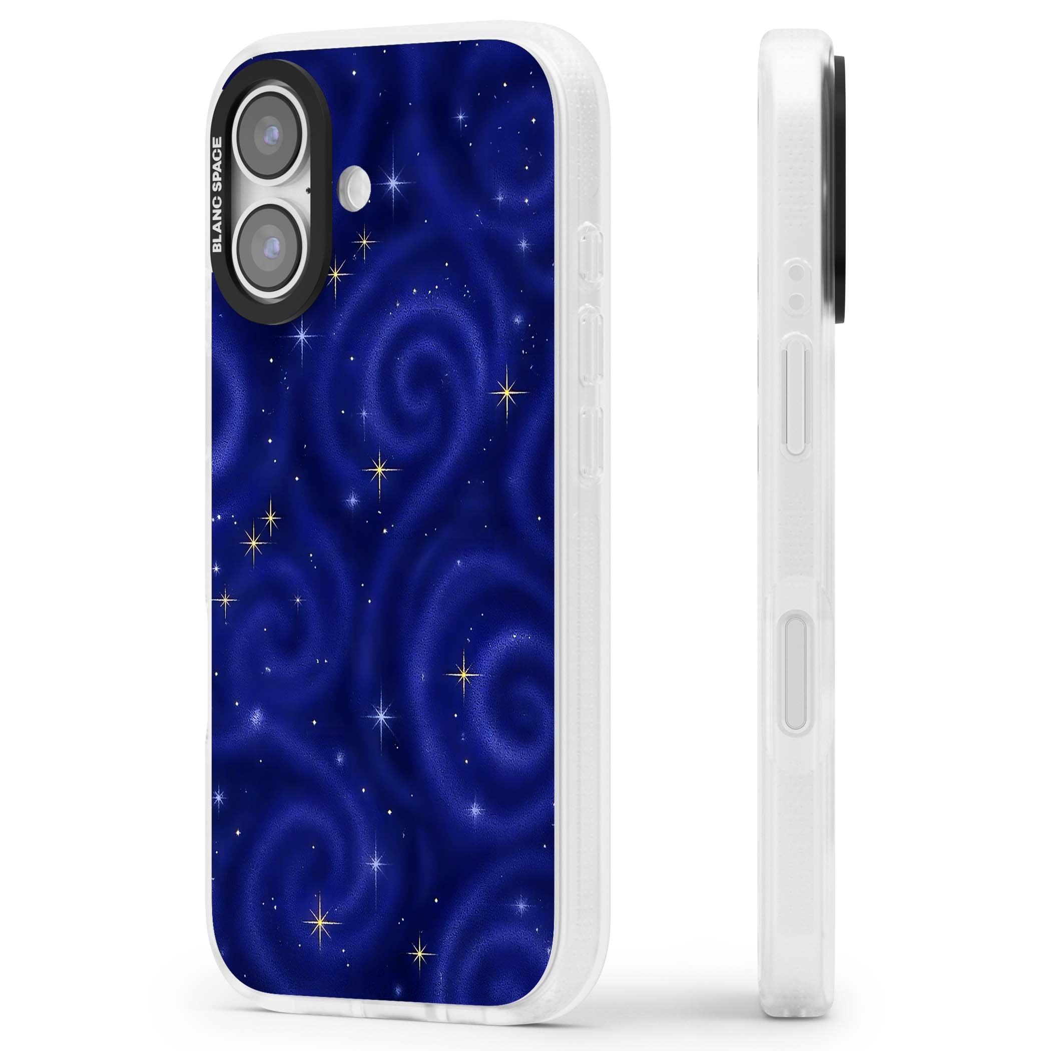 Indigo Cosmos celestial iPhone case featuring swirling navy night sky and sparkling golden stars | Clear Case Impact Air case for iPhone 17