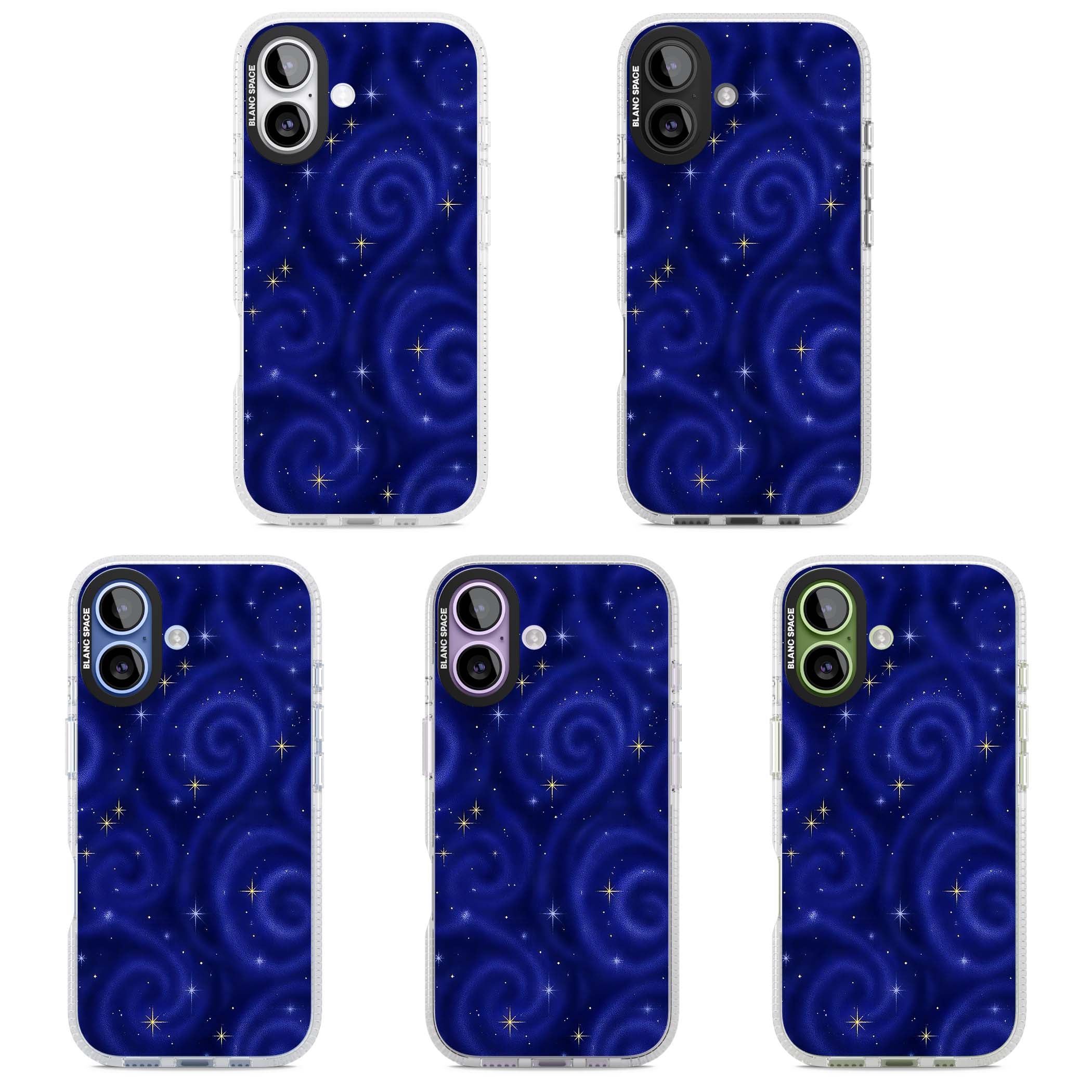 Indigo Cosmos celestial iPhone case featuring swirling navy night sky and sparkling golden stars | Clear Case Impact Air case for iPhone 17