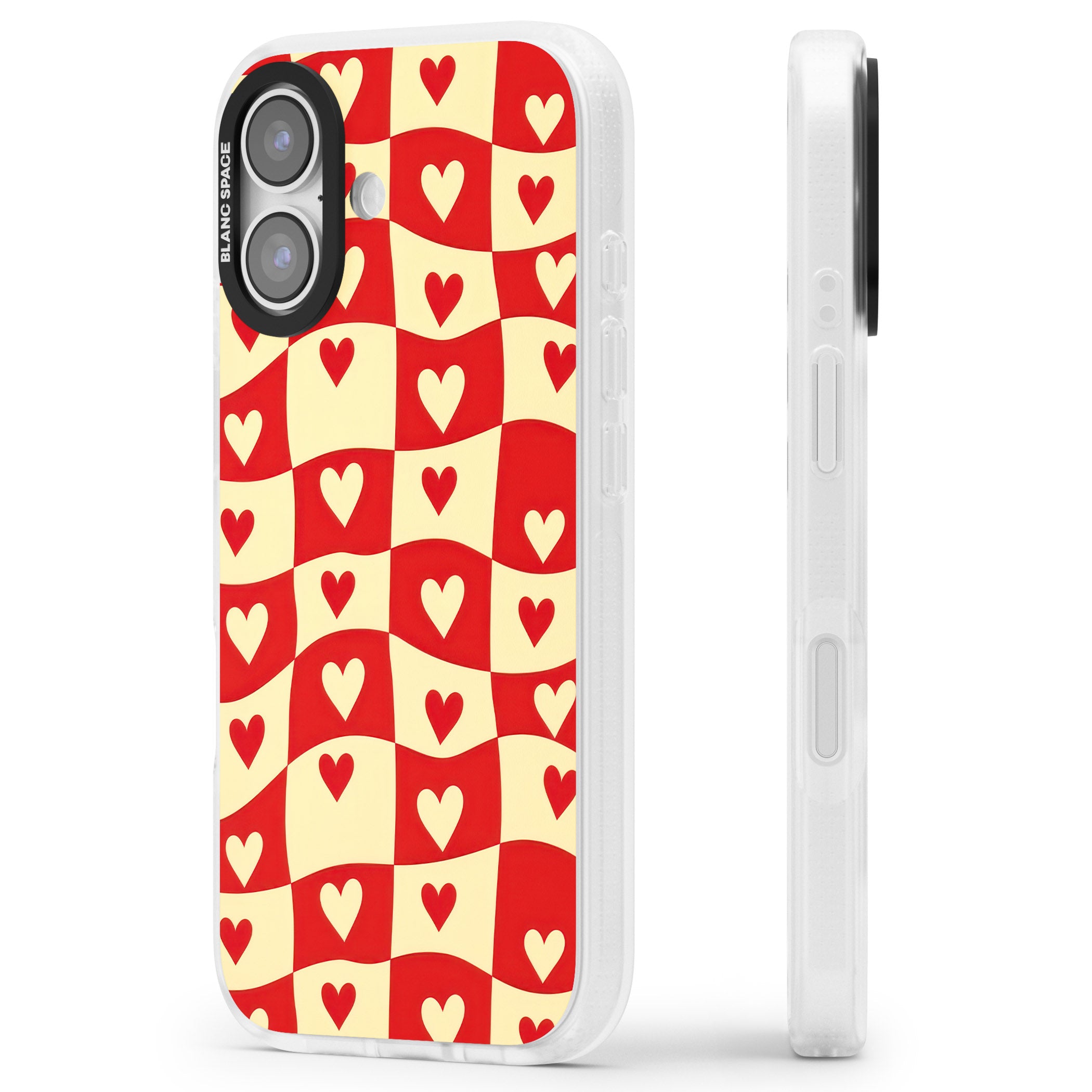 Red Wavy Checked & Hearts iPhone 17 Impact Air Clear Phone Case Side Profile