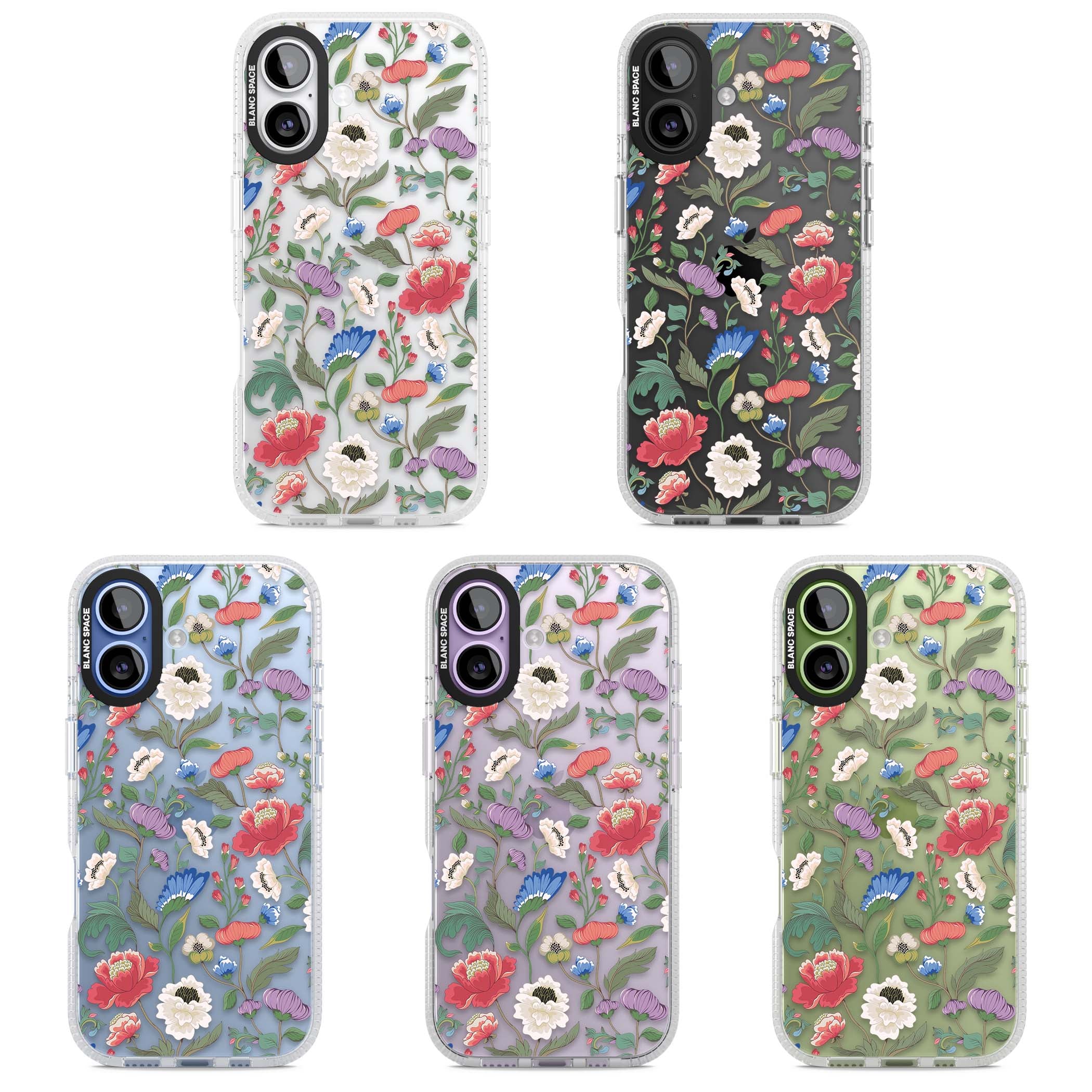 Chinoiserie Bloom vintage floral iPhone case featuring hand-painted peonies, poppies and trailing wildflowers on clear... | Clear Case Impact Air case for iPhone 17