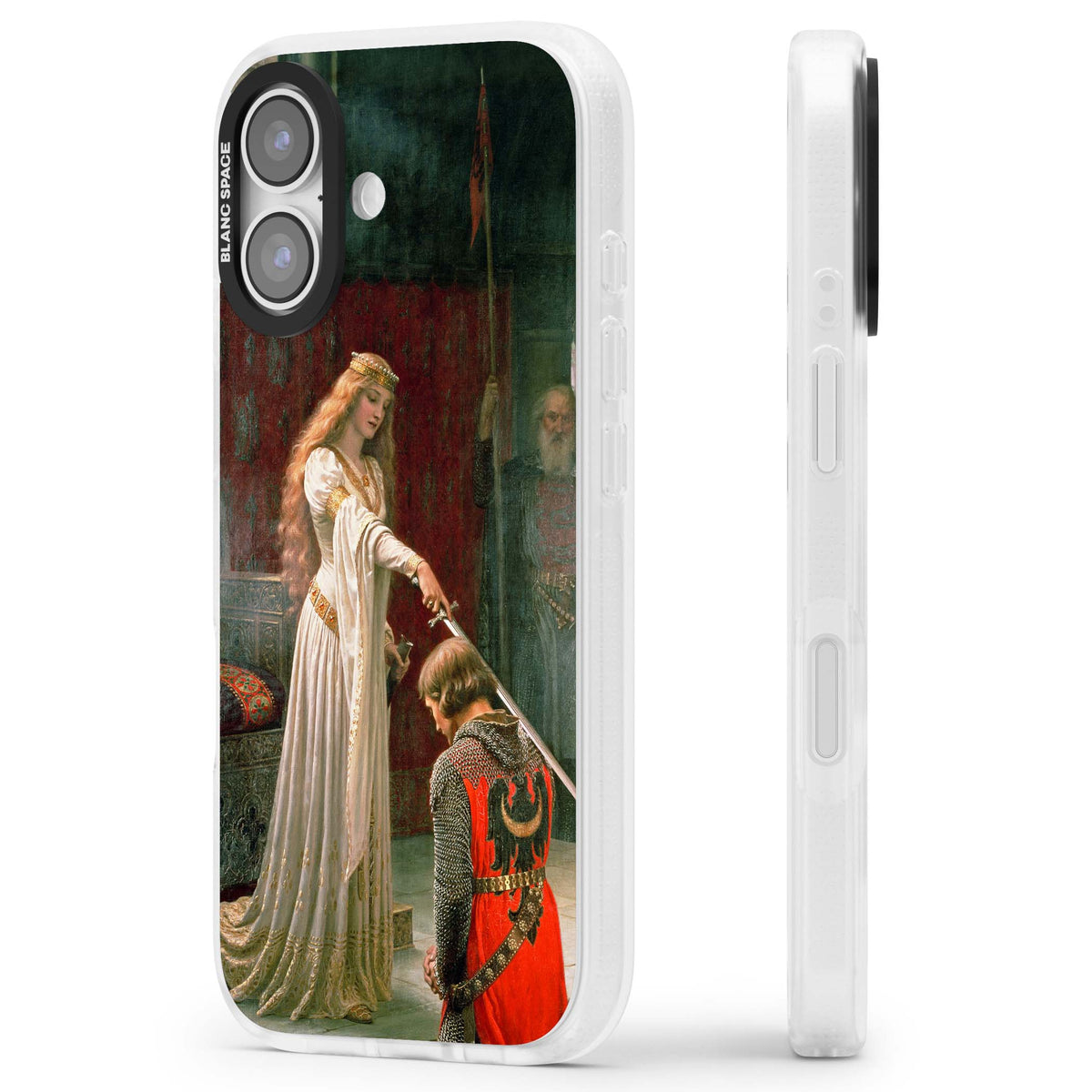 The Accolade renaissance art iPhone case featuring Edmund Blair Leighton's painting of a queen knighting a kneeling knight | Clear Case Impact Air case for iPhone 17