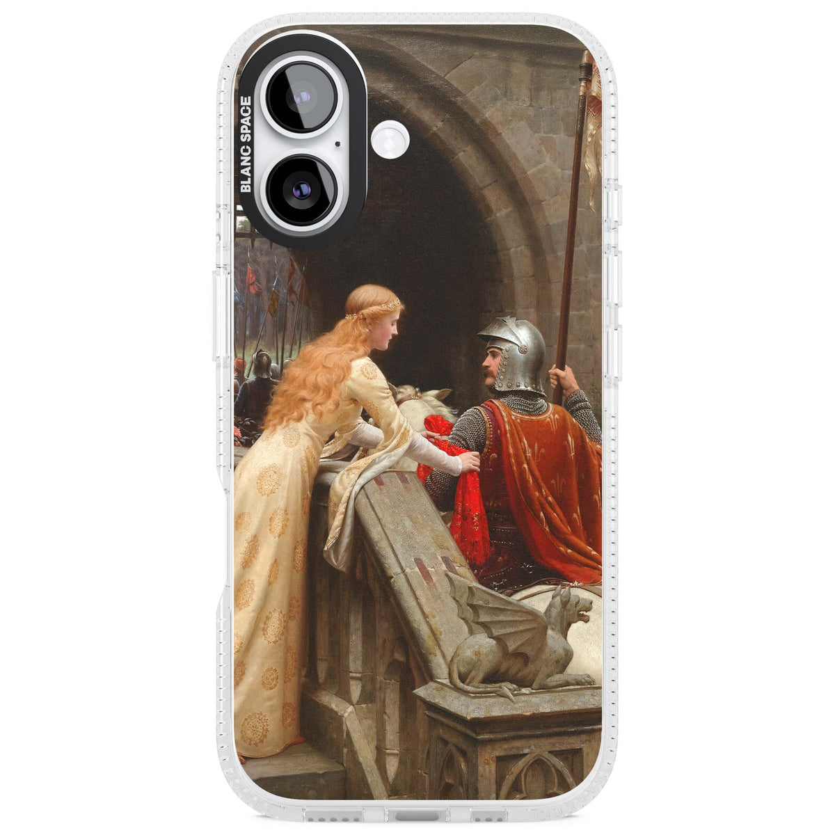 God Speed fine art iPhone case featuring Edmund Blair Leighton's medieval knight and lady beneath a stone archway | Clear Case Impact Air case for iPhone 17