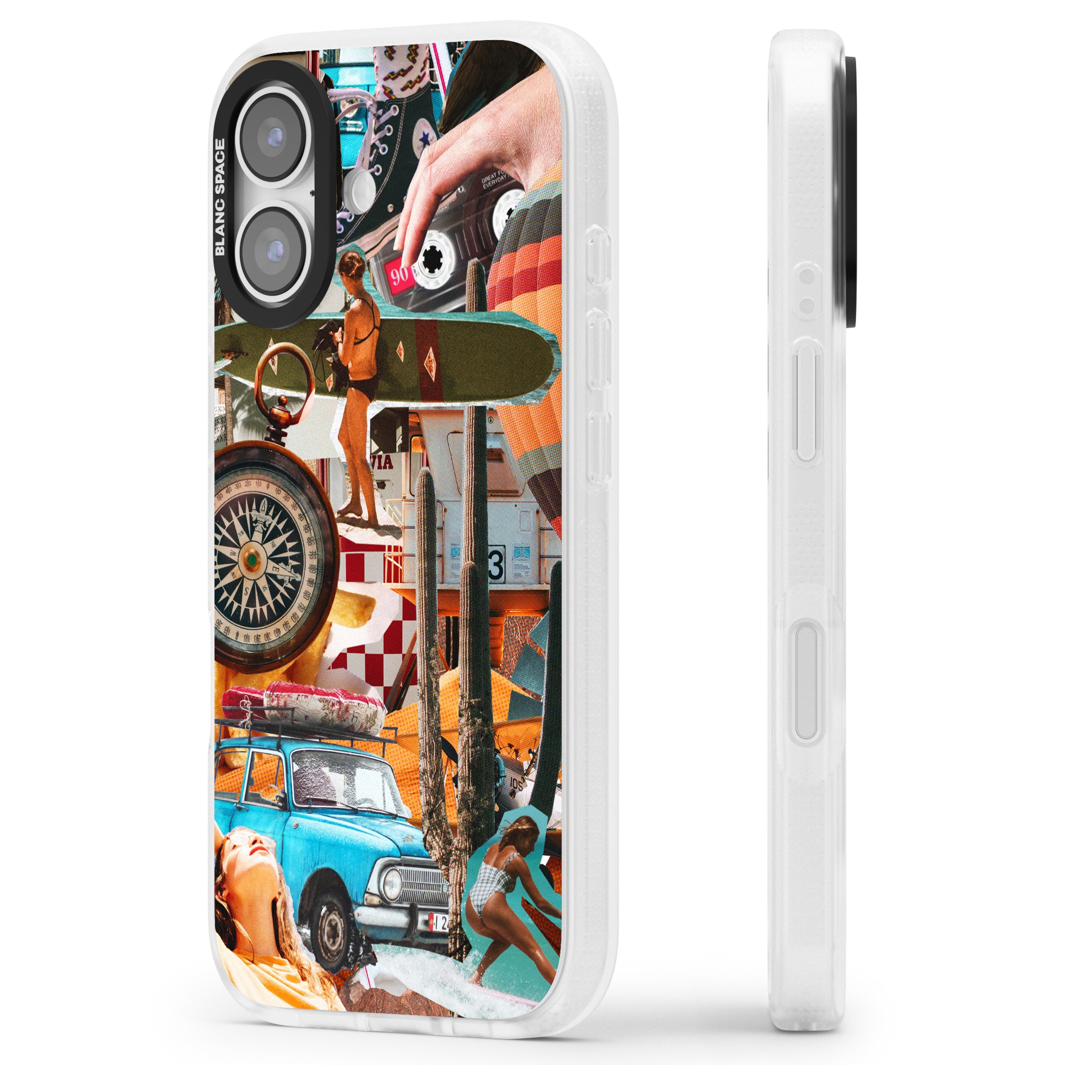 Vintage Collage: Road Trip iPhone 17 Impact Air Clear Phone Case Side Profile