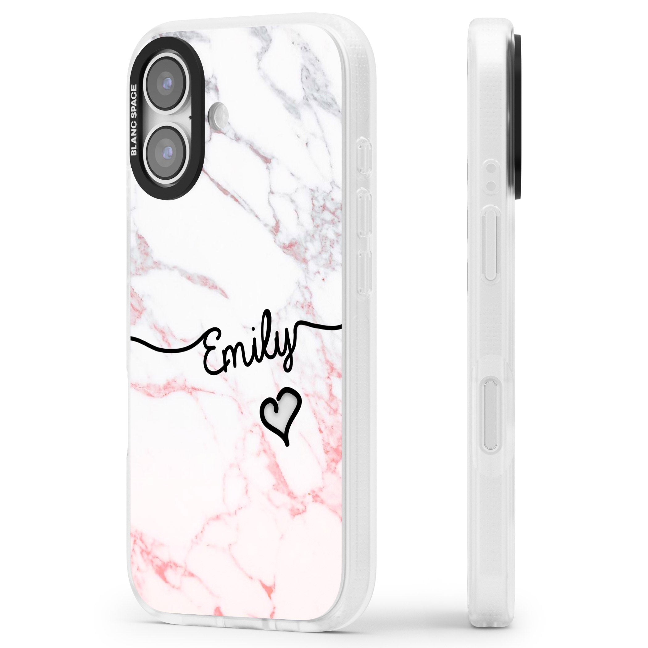 Personalised Pink Fade Marble Heart iPhone 17 Impact Air Clear Phone Case Side Profile