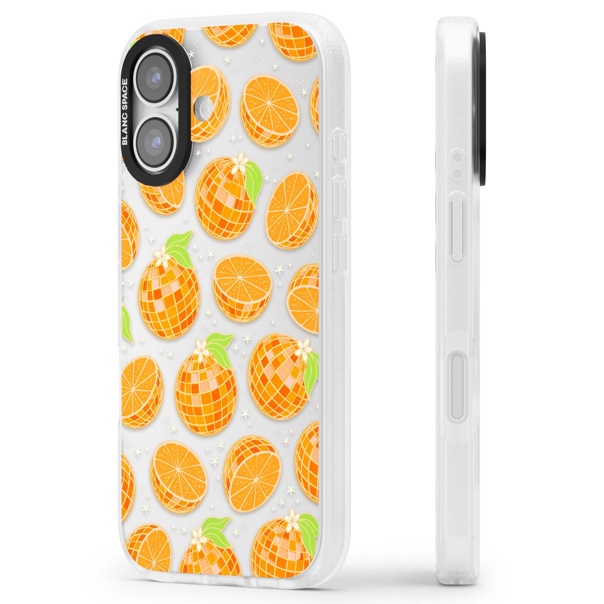 Disco Oranges retro iPhone case featuring mirrorball oranges, citrus slices and tiny blossoms on clear | Clear Case Impact Air case for iPhone 17