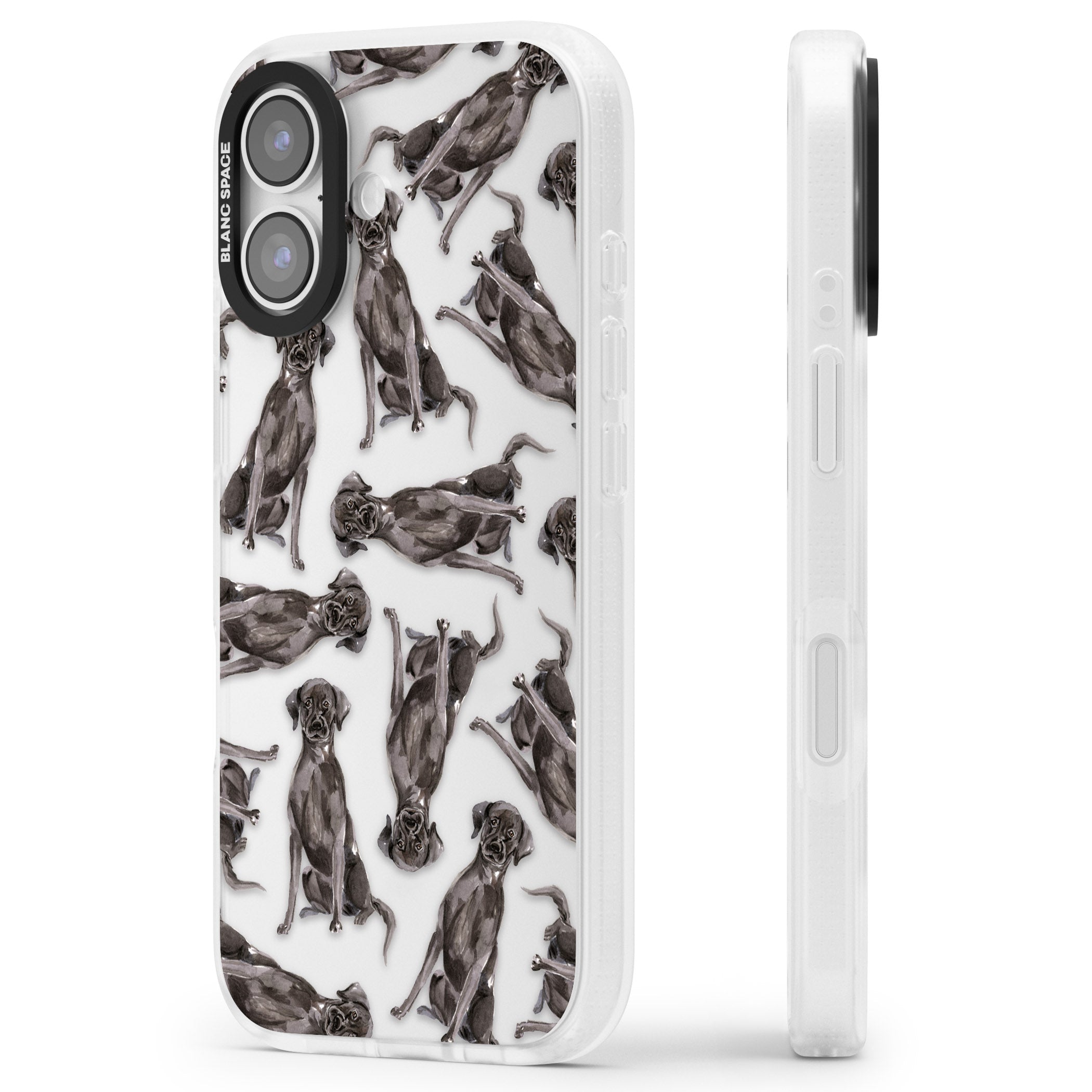 Black Labrador Watercolor Pattern iPhone 17 Impact Air Clear Phone Case Side Profile