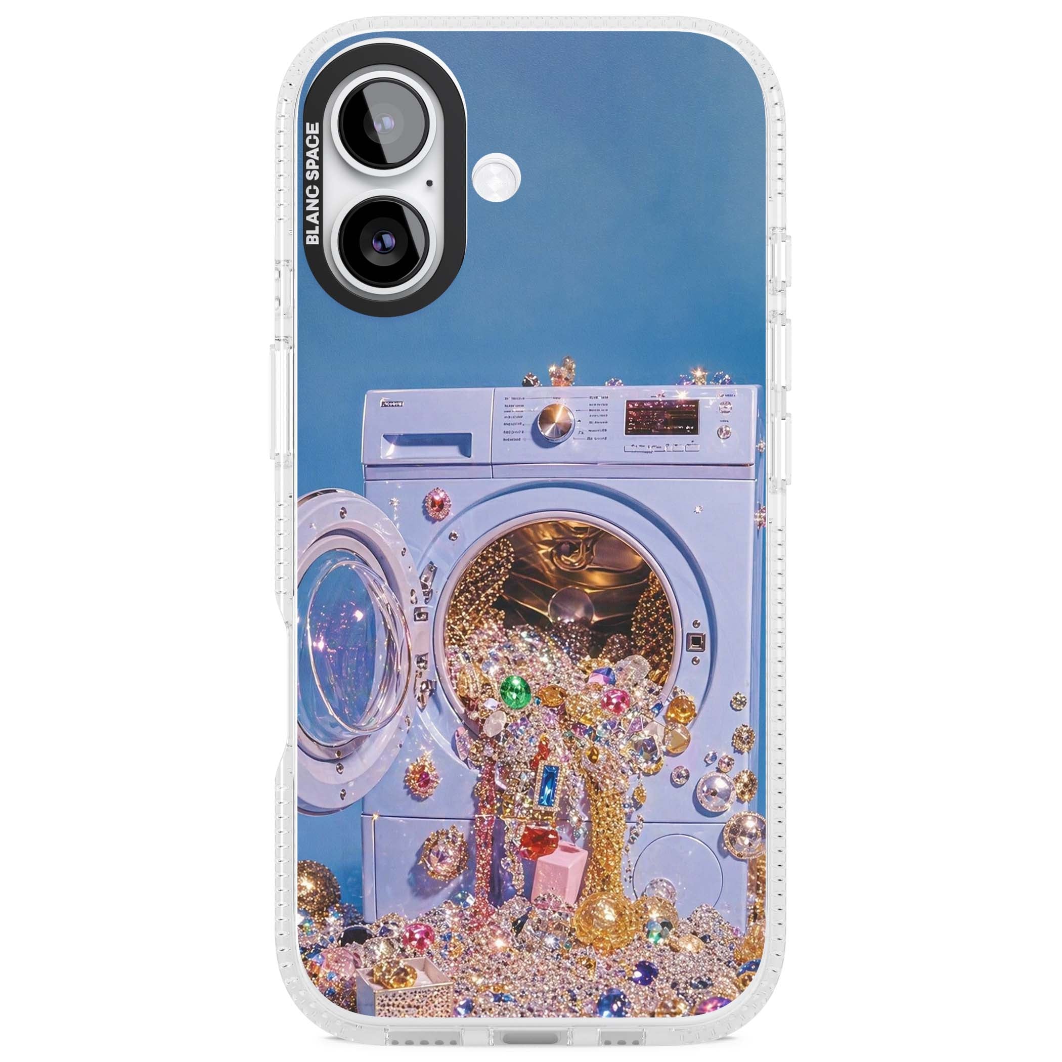 Gem Laundry baddie iPhone case featuring a surreal washing machine overflowing with colourful gemstones and crystals | Clear Case Impact Air case for iPhone 17