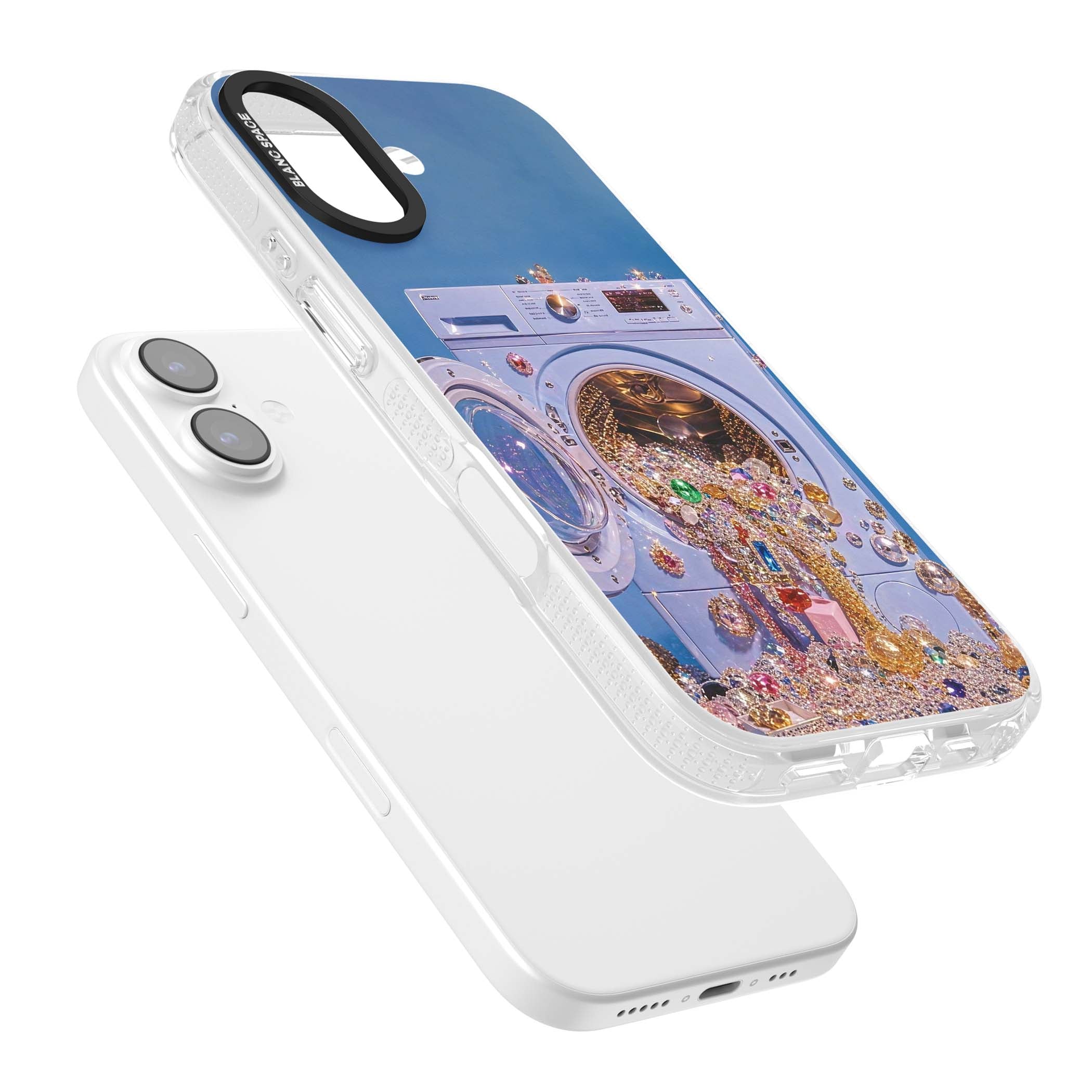 Gem Laundry baddie iPhone case featuring a surreal washing machine overflowing with colourful gemstones and crystals | Clear Case Impact Air case for iPhone 17