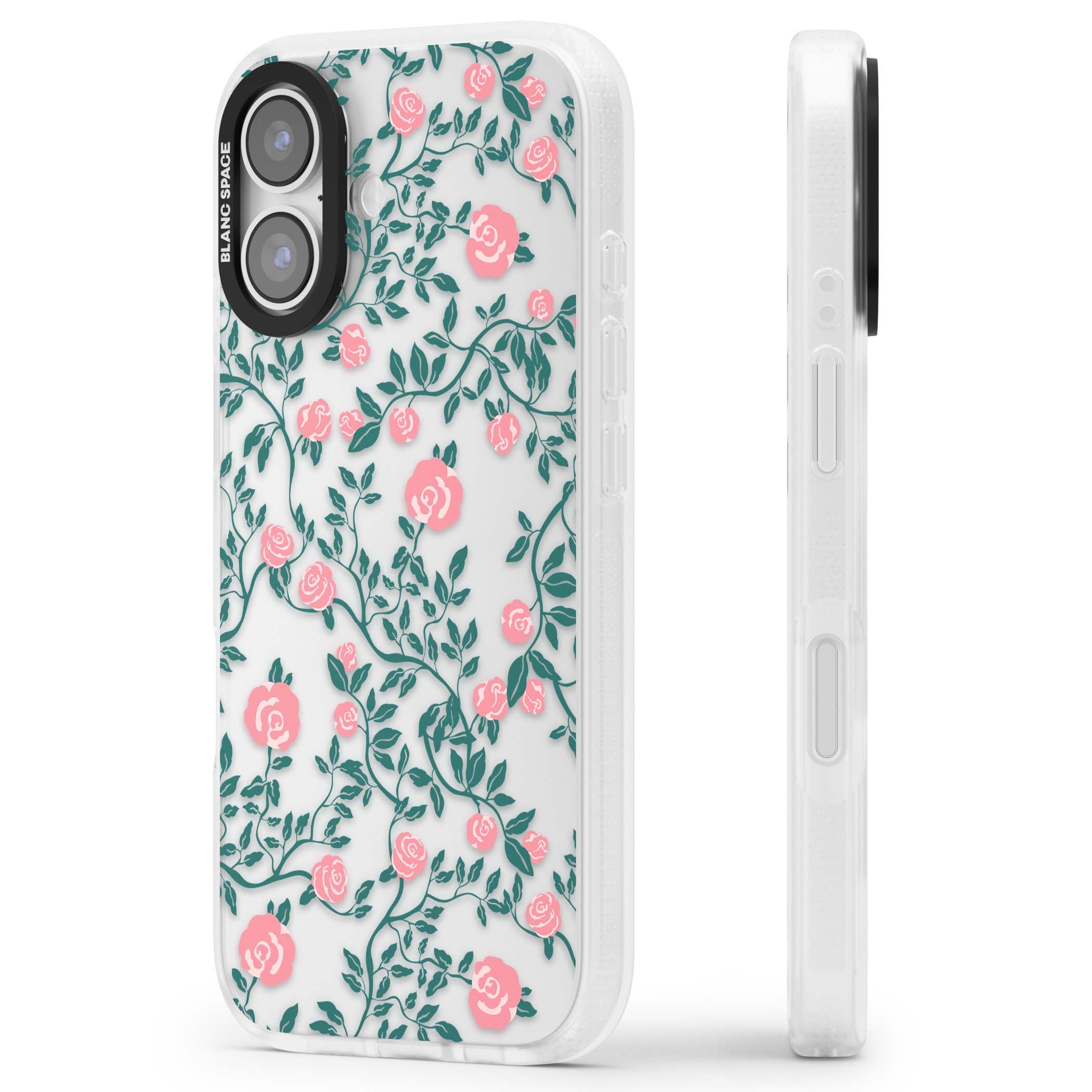 Rose Trellis (Clear) cottagecore iPhone case featuring pink climbing roses and green leaves on clear background | Clear Case Impact Air case for iPhone 17