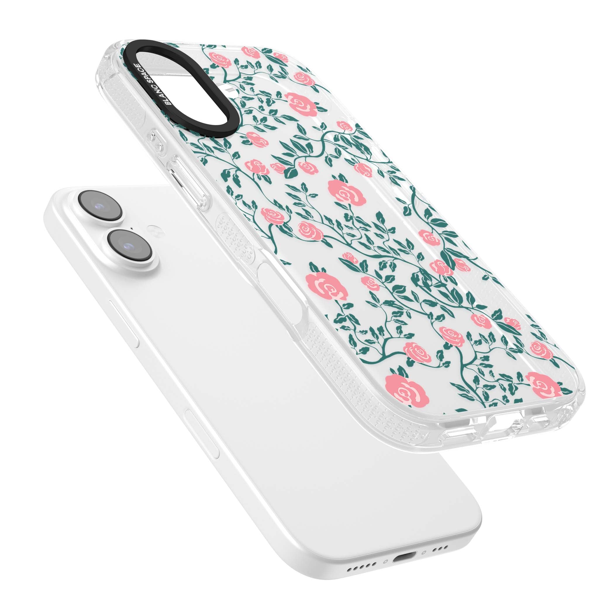 Rose Trellis (Clear) cottagecore iPhone case featuring pink climbing roses and green leaves on clear background | Clear Case Impact Air case for iPhone 17