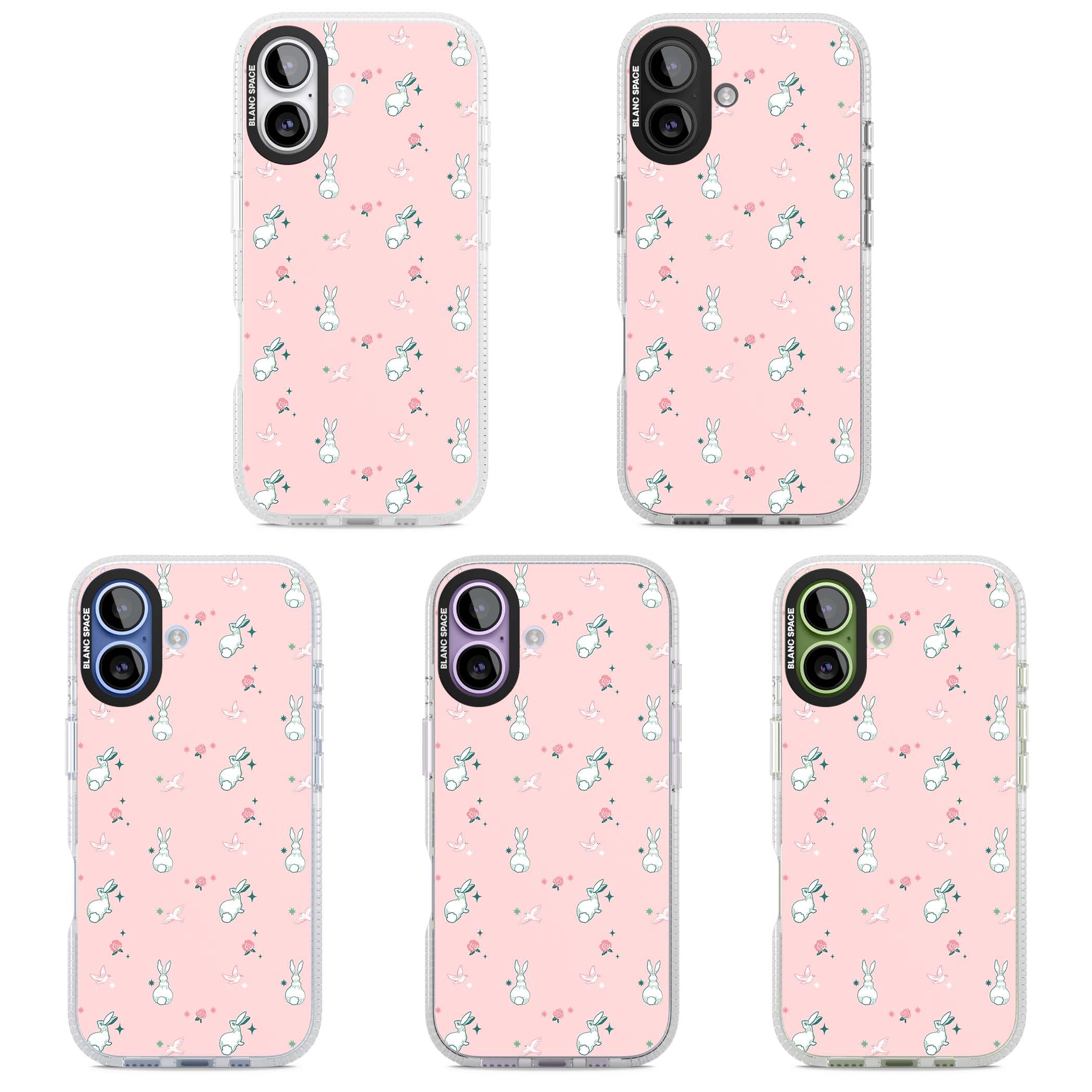 Bunny Garden kawaii iPhone case featuring white rabbits, pink roses, doves and stars on pink background | Clear Case Impact Air case for iPhone 17