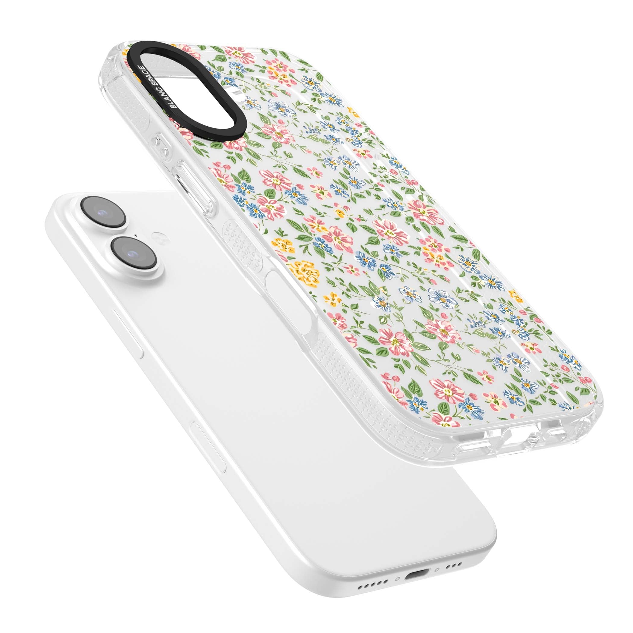 Soft Meadow cottagecore iPhone case featuring pink cosmos, blue forget-me-nots, yellow buttercups and green leaves sca | Clear Case Impact Air case for iPhone 17