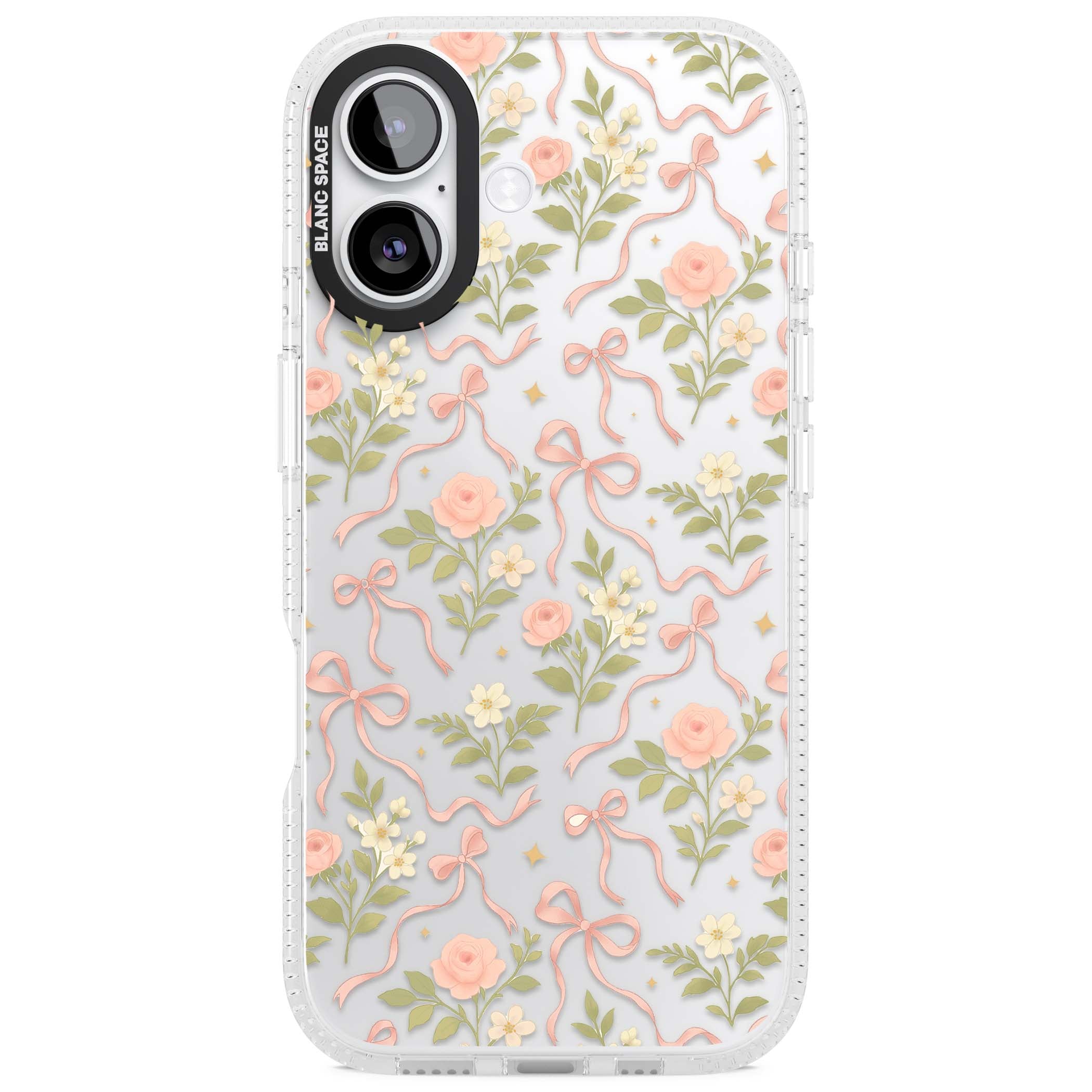 Ribbon Garden coquette iPhone case featuring pink bows, peach roses and wildflowers on white background | Clear Case Impact Air case for iPhone 17