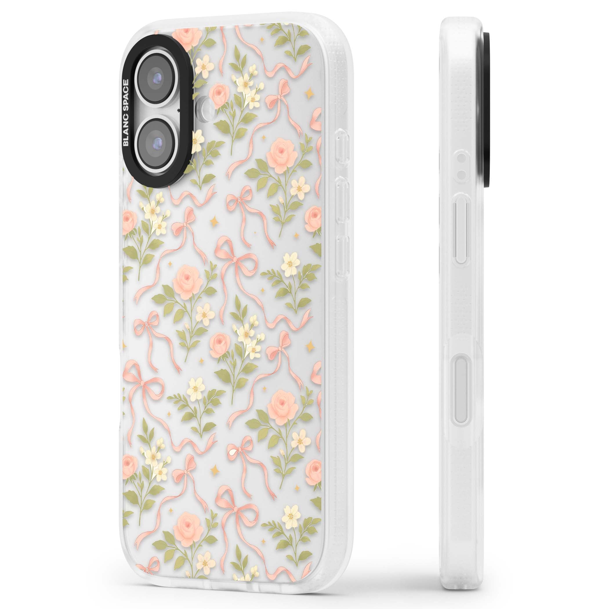 Ribbon Garden coquette iPhone case featuring pink bows, peach roses and wildflowers on white background | Clear Case Impact Air case for iPhone 17