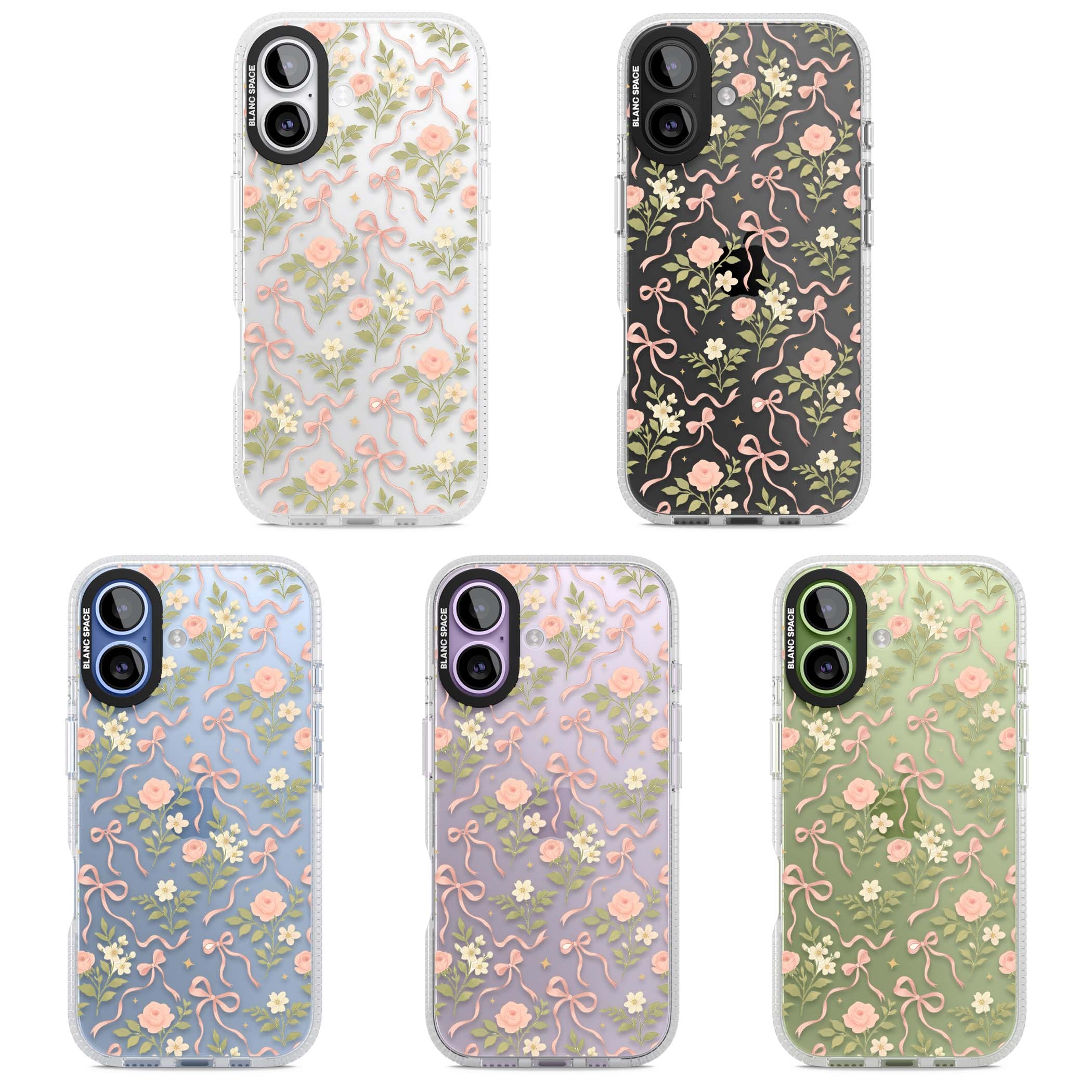 Ribbon Garden coquette iPhone case featuring pink bows, peach roses and wildflowers on white background | Clear Case Impact Air case for iPhone 17