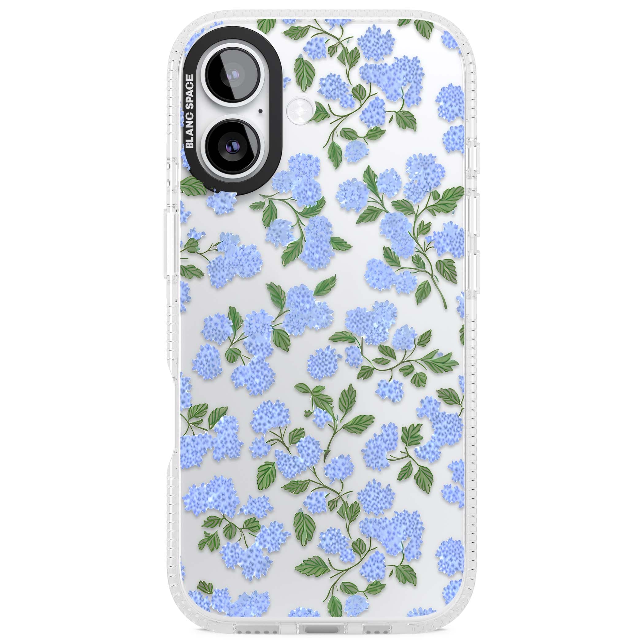 Hydrangea Dreams cottagecore iPhone case featuring soft blue hydrangea flower clusters and green leaves | Clear Case Impact Air case for iPhone 17