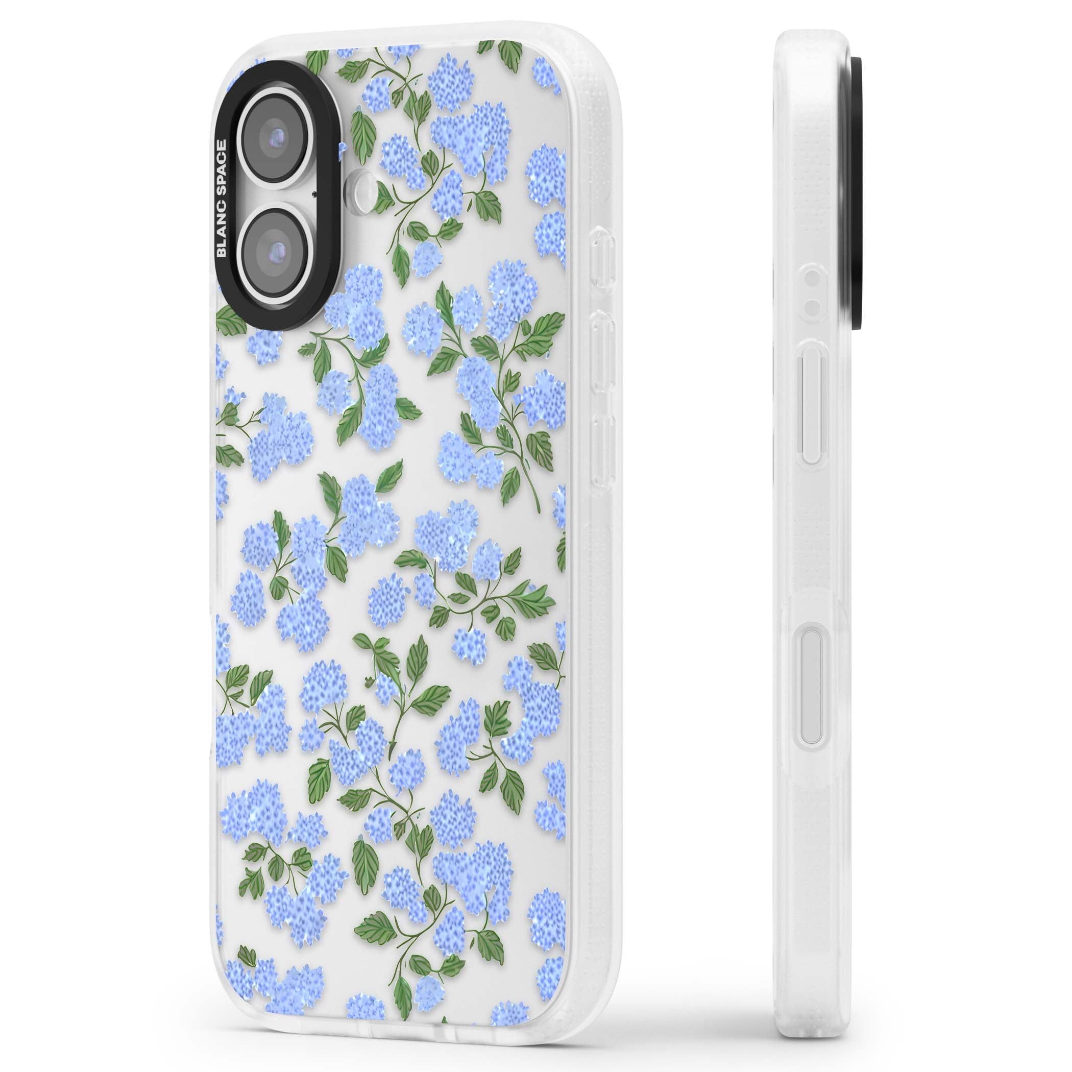 Hydrangea Dreams cottagecore iPhone case featuring soft blue hydrangea flower clusters and green leaves | Clear Case Impact Air case for iPhone 17