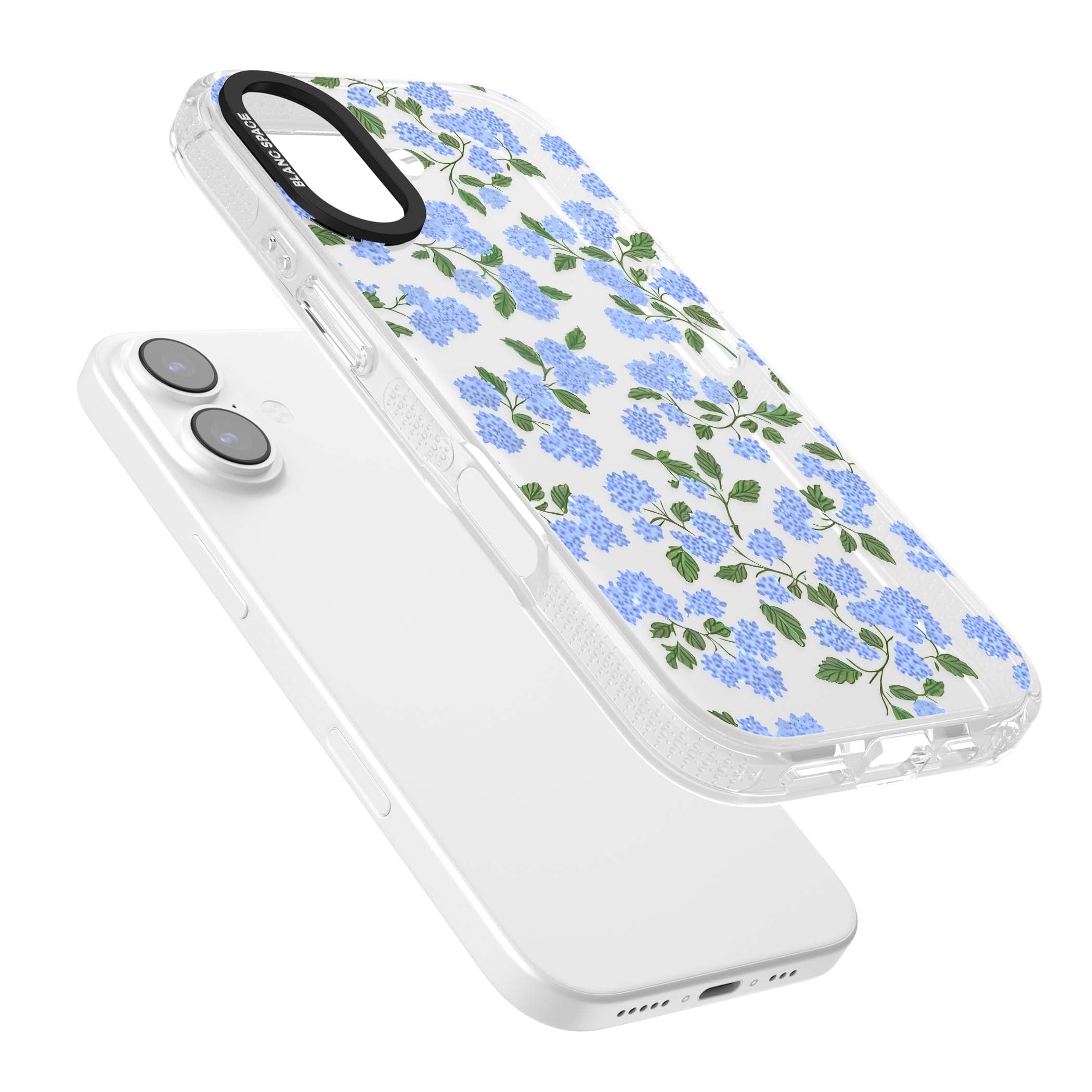 Hydrangea Dreams cottagecore iPhone case featuring soft blue hydrangea flower clusters and green leaves | Clear Case Impact Air case for iPhone 17