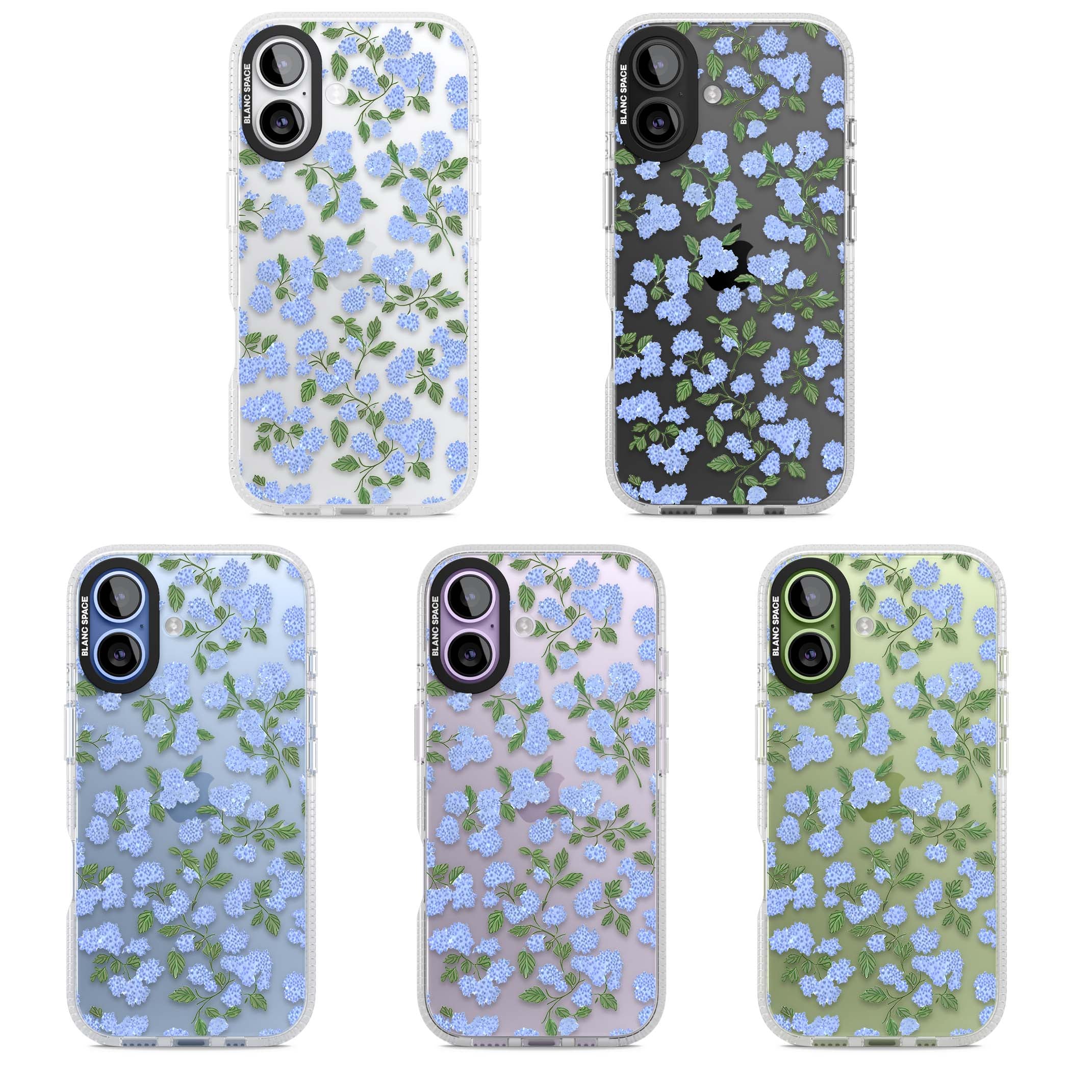 Hydrangea Dreams cottagecore iPhone case featuring soft blue hydrangea flower clusters and green leaves | Clear Case Impact Air case for iPhone 17