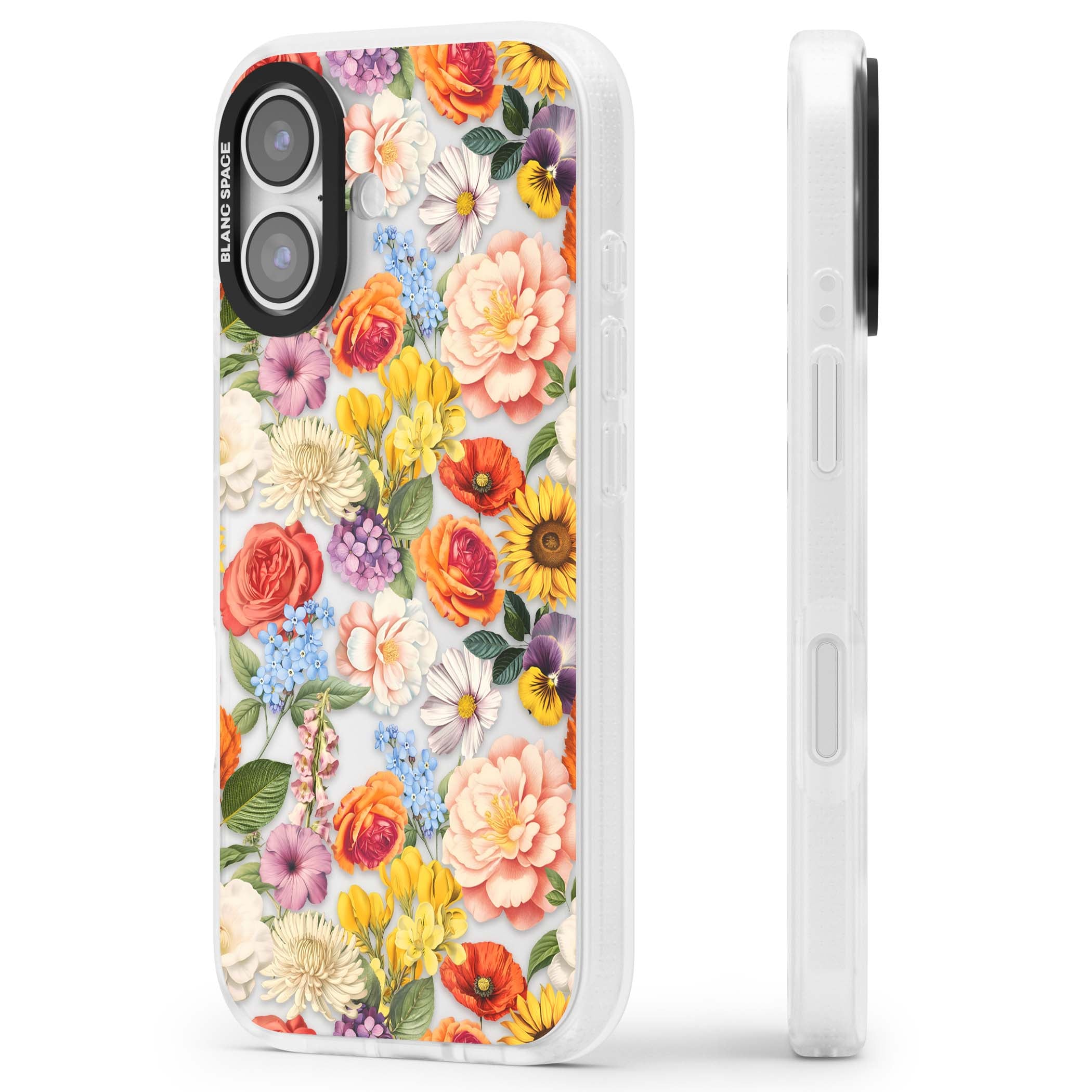 Bloom Basket floral iPhone case featuring cottage garden flowers including peonies, sunflowers, and wildflowers in pastel col | Clear Case Impact Air case for iPhone 17
