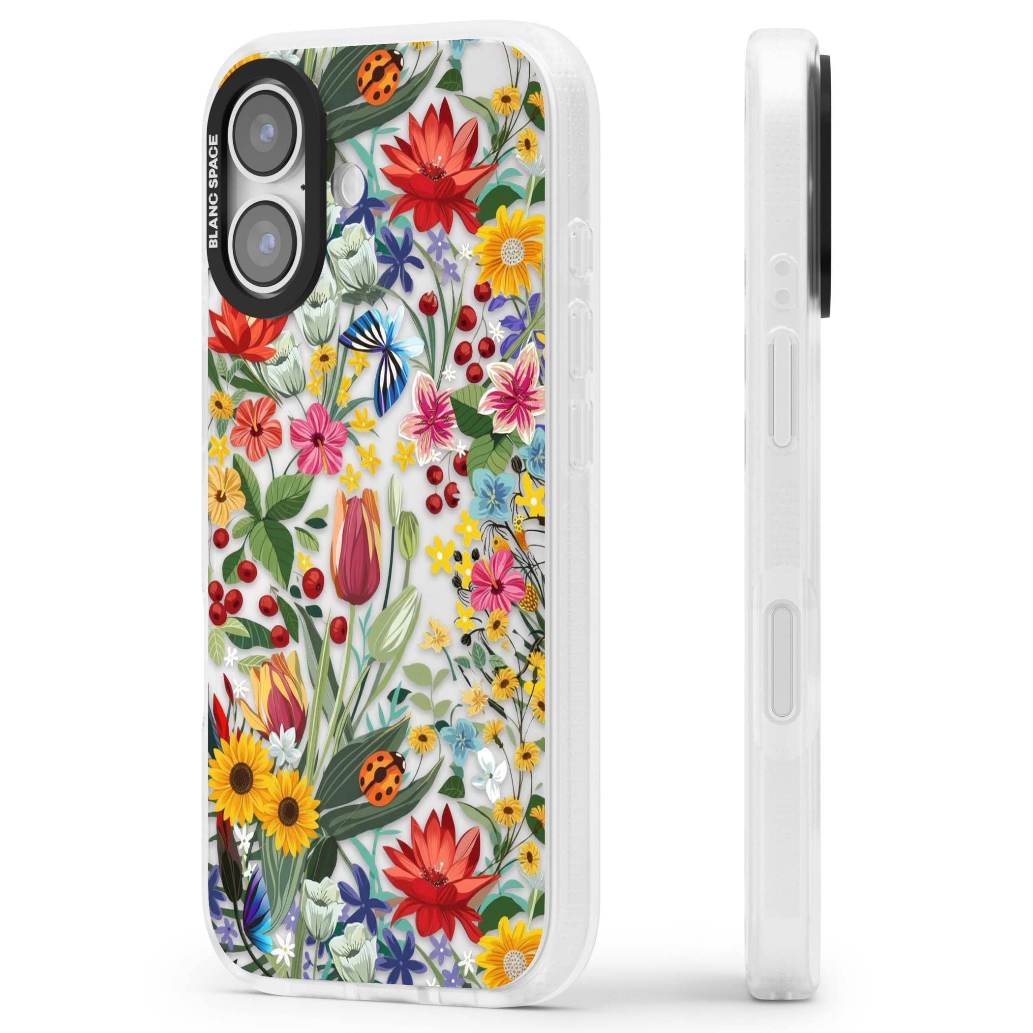 Botanical Bloom cottagecore iPhone case featuring colorful wildflowers, sunflowers, and ladybugs on clear background | Clear Case Impact Air case for iPhone 17