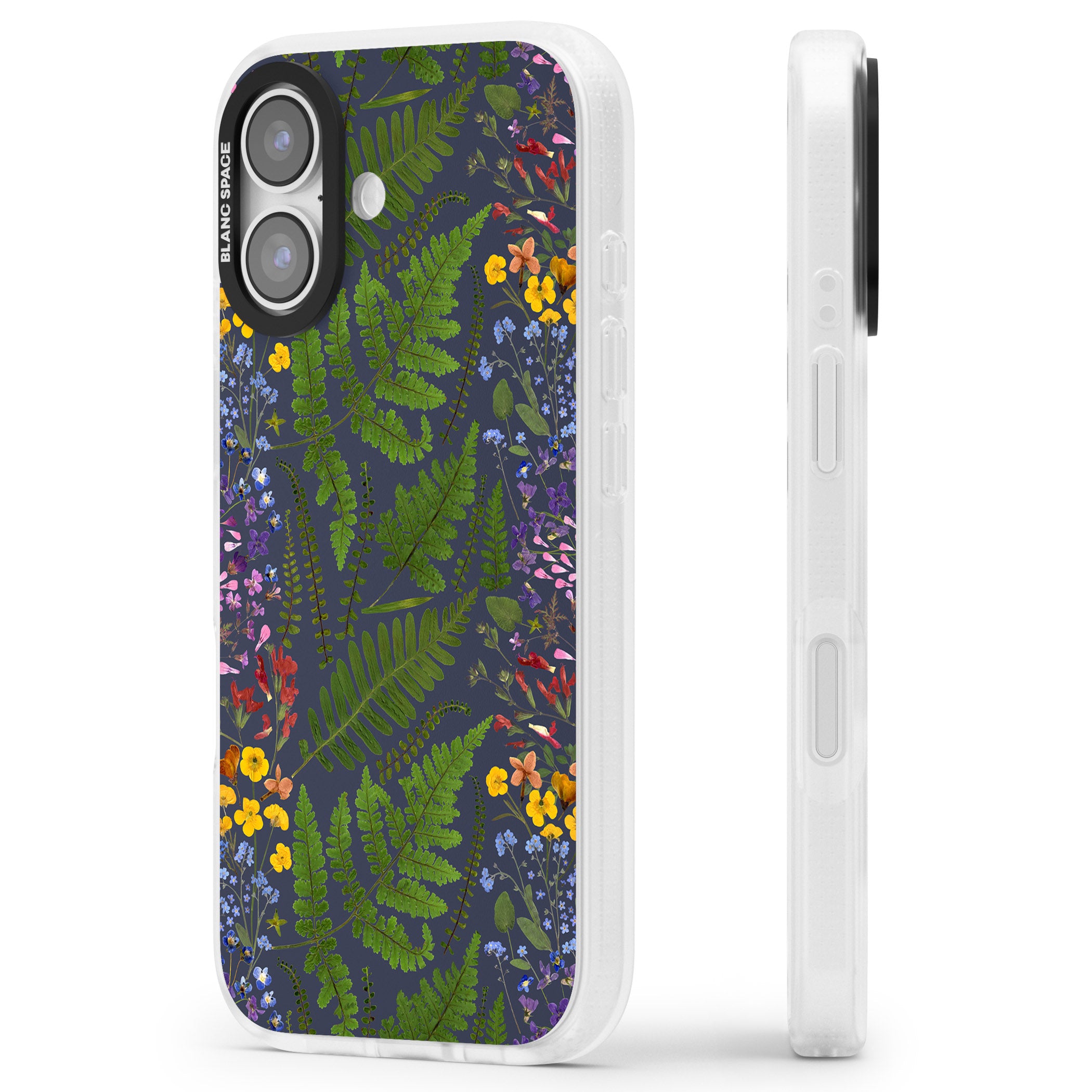 Busy Floral And Fern Design Navy iPhone 17 Impact Air Clear Phone Case Side Profile