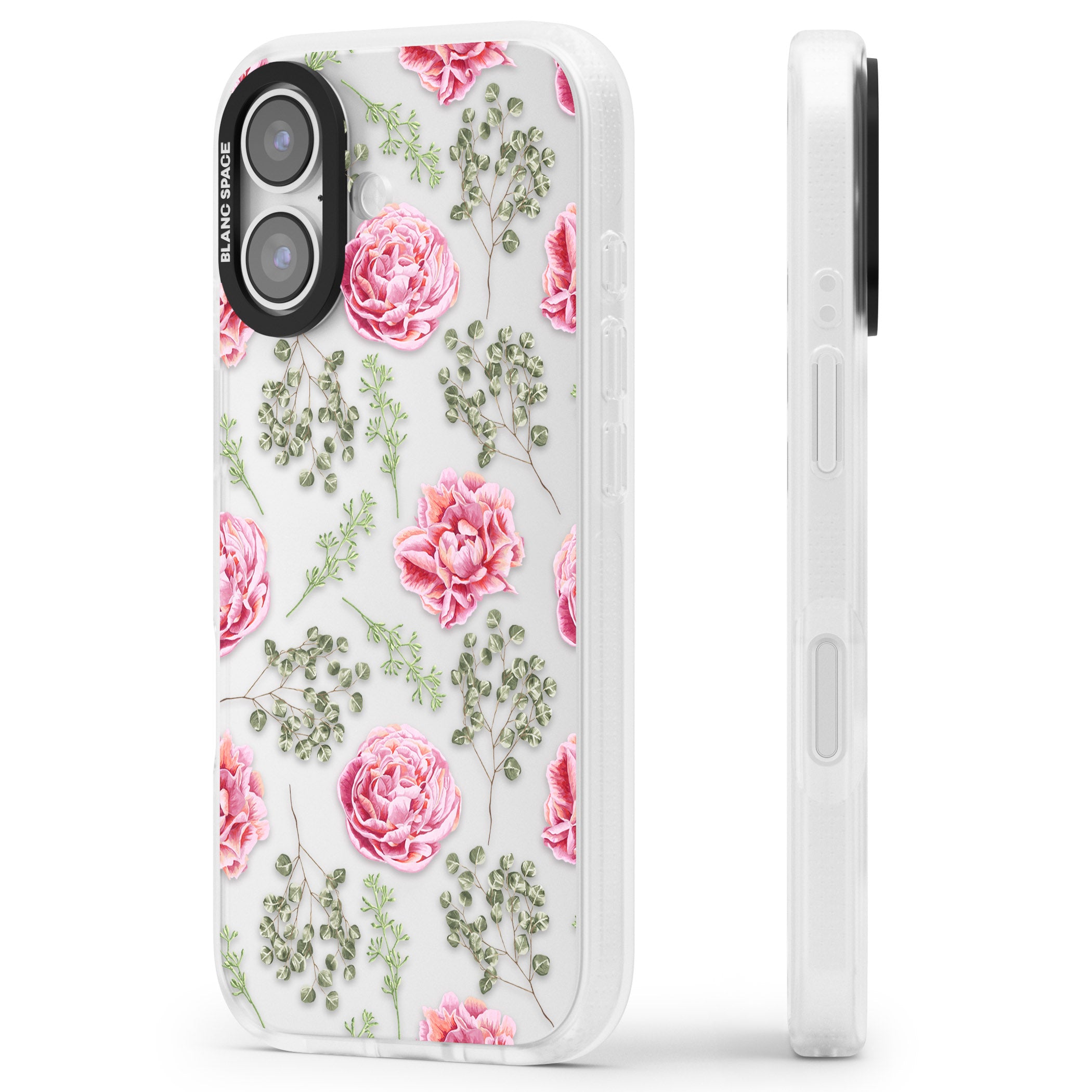 Roses & Eucalyptus Floral iPhone 17 Impact Air Clear Phone Case Side Profile