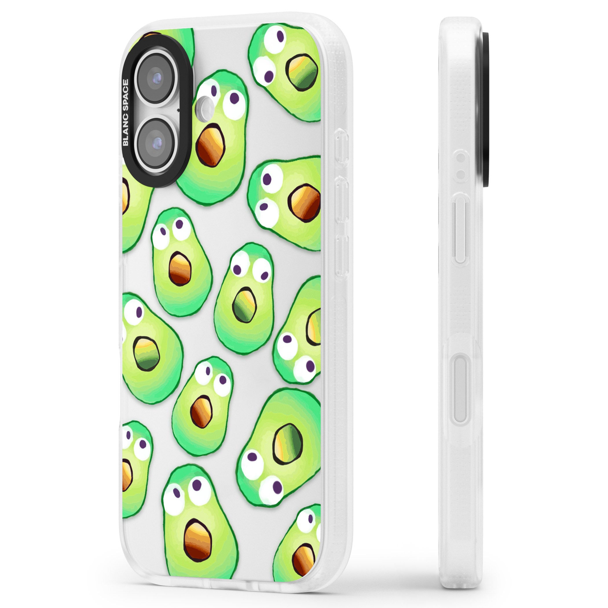 Shocked Avocados iPhone 17 Impact Air Clear Phone Case Side Profile