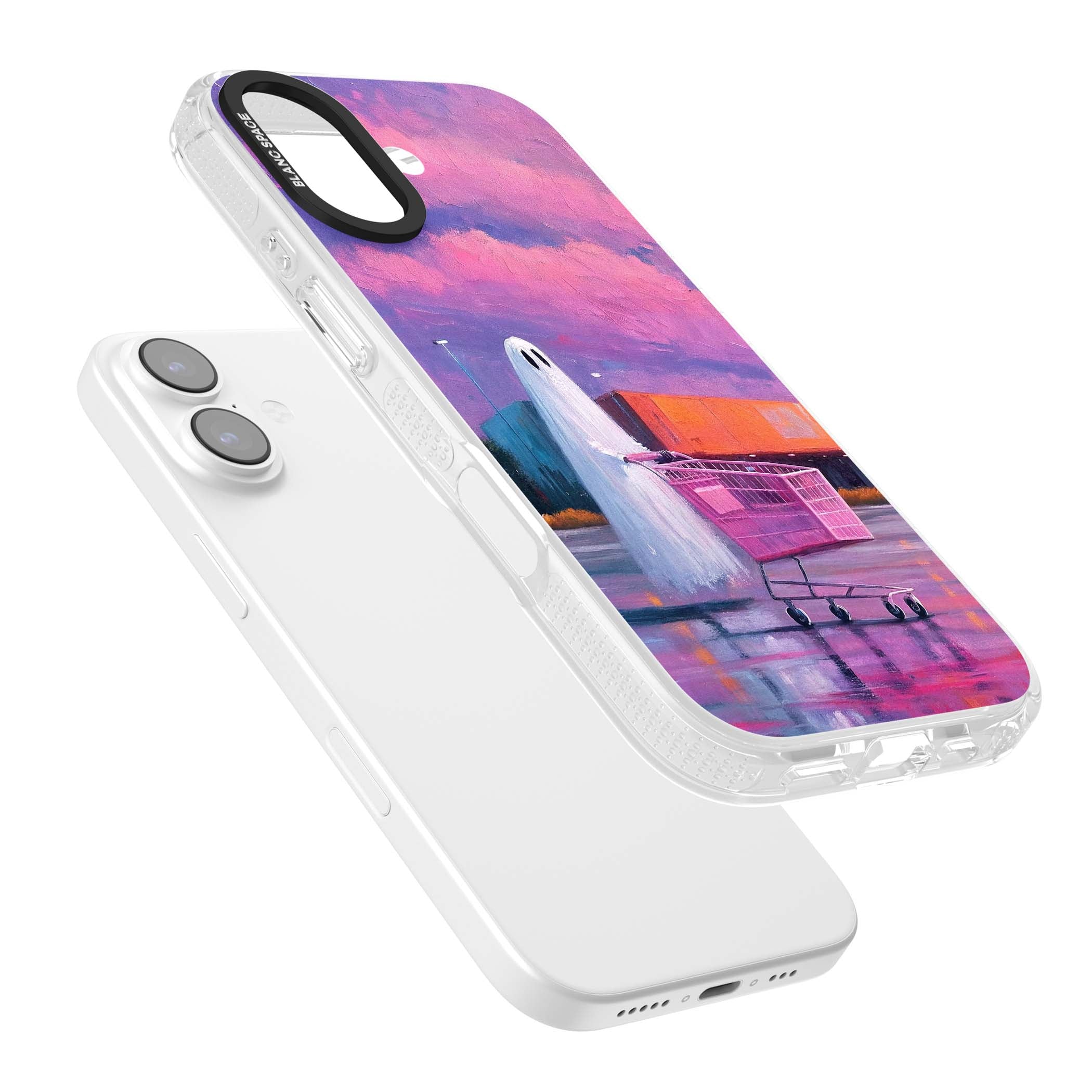 A Ghost's Errand ghost halloween iPhone case featuring a painted ghost, pink shopping trolley and purple sunset sky | Clear Case Impact Air case for iPhone 17