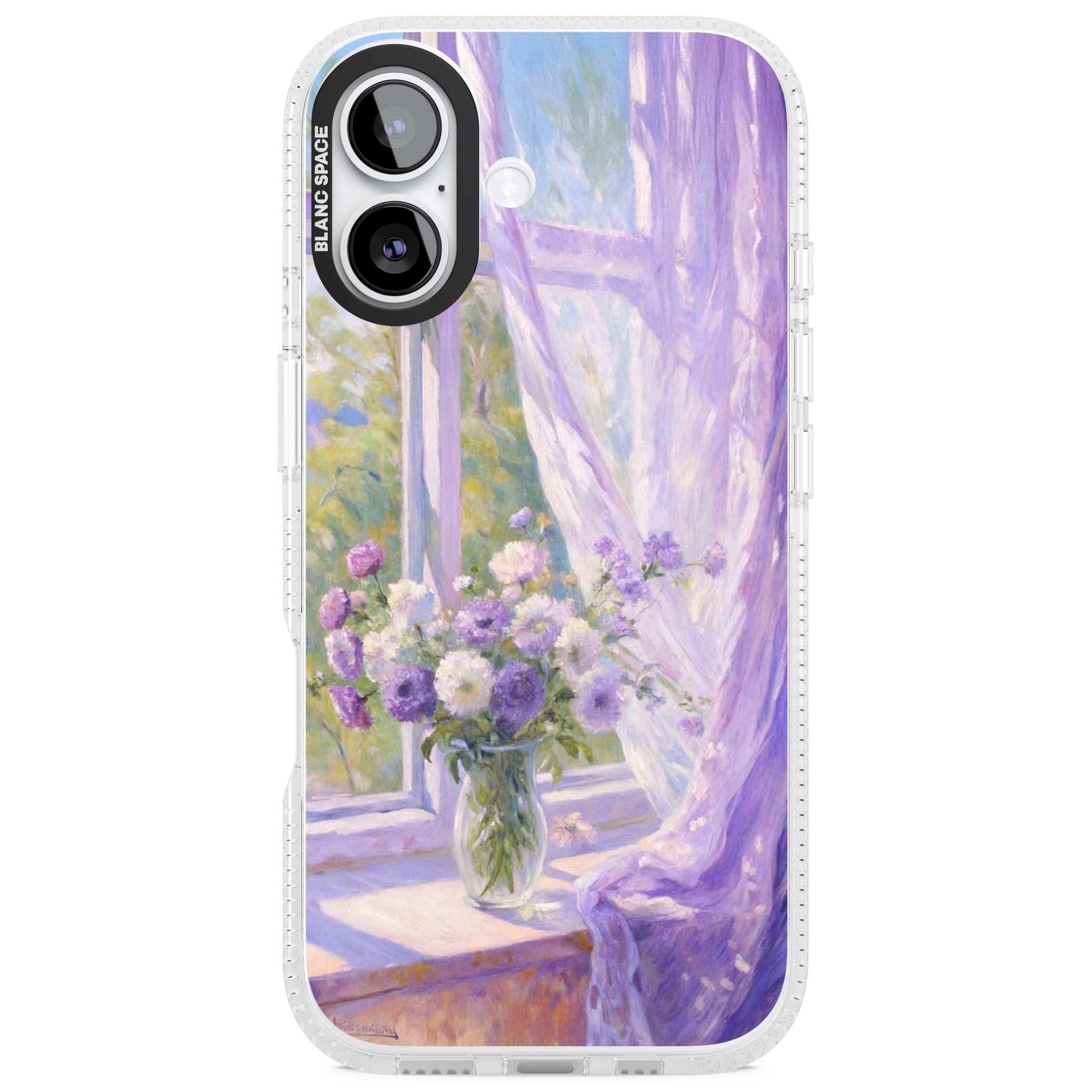 A Provence Morning impressionist art iPhone case featuring a vase of purple flowers, sunlit window and sheer curt | Clear Case Impact Air case for iPhone 17