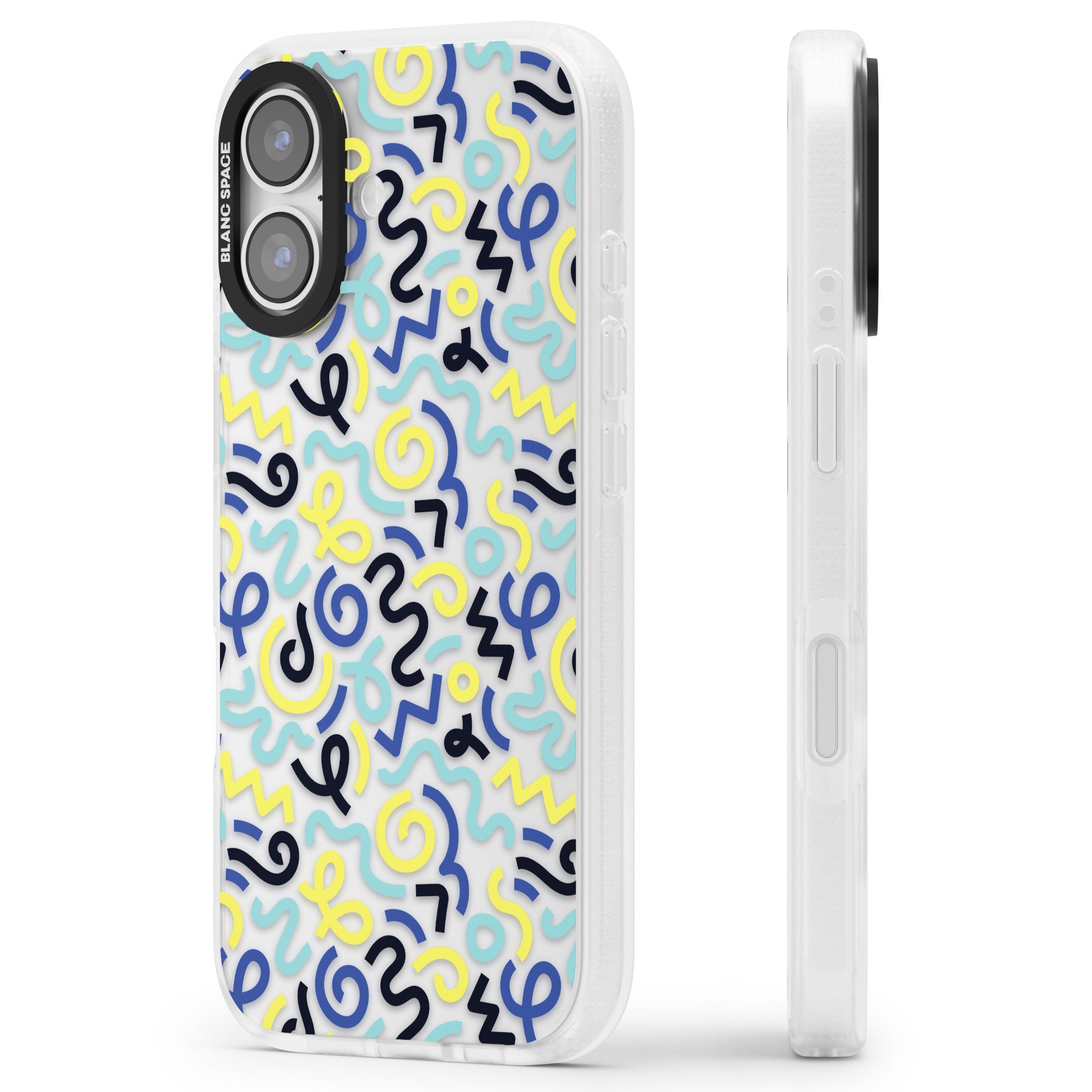 Blue & Yellow Memphis Retro iPhone 17 Impact Air Clear Phone Case Side Profile