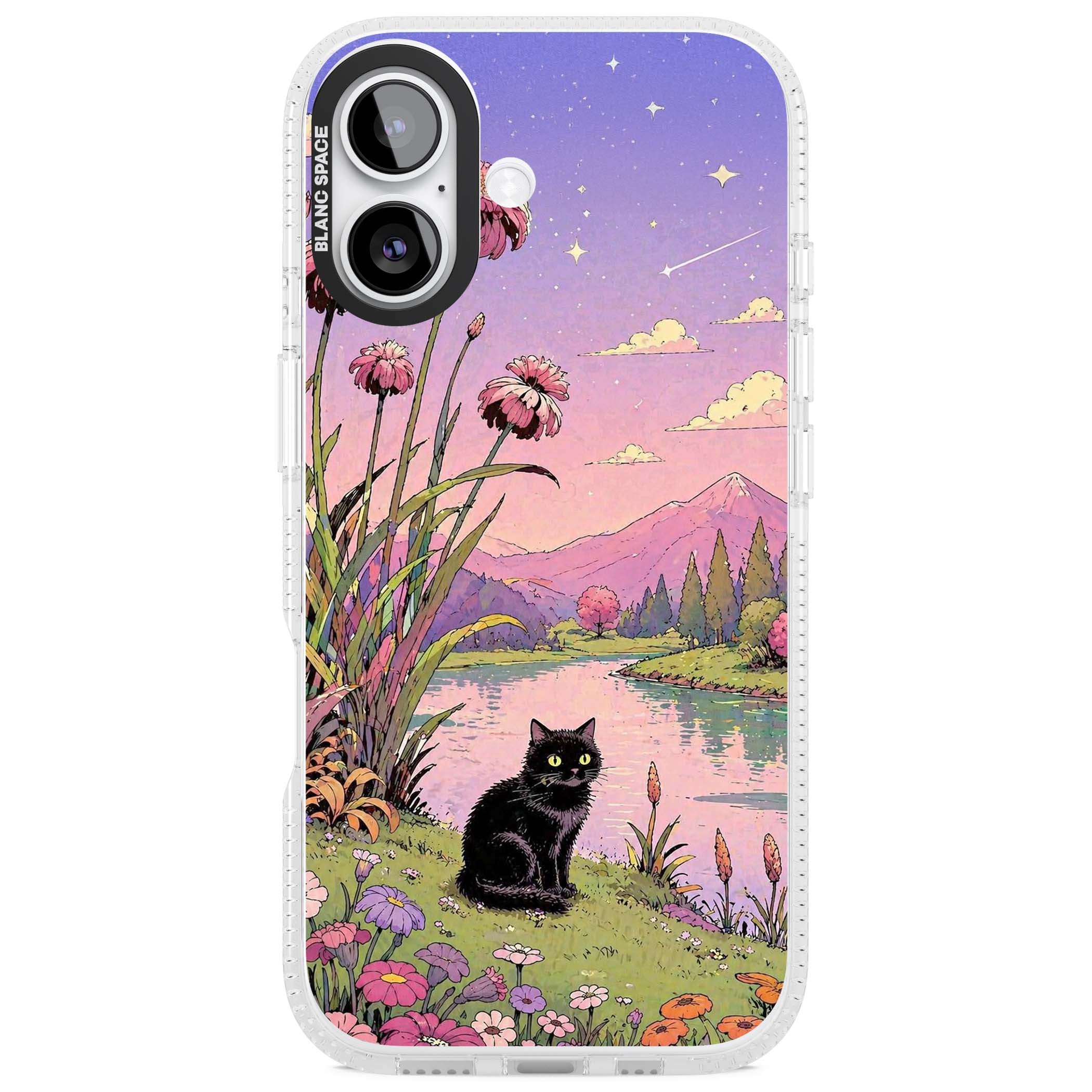 Mystic Whiskers ghibli iPhone case featuring a black cat by a pastel lake, wildflowers and a starry sunset sky | Clear Case Impact Air case for iPhone 17