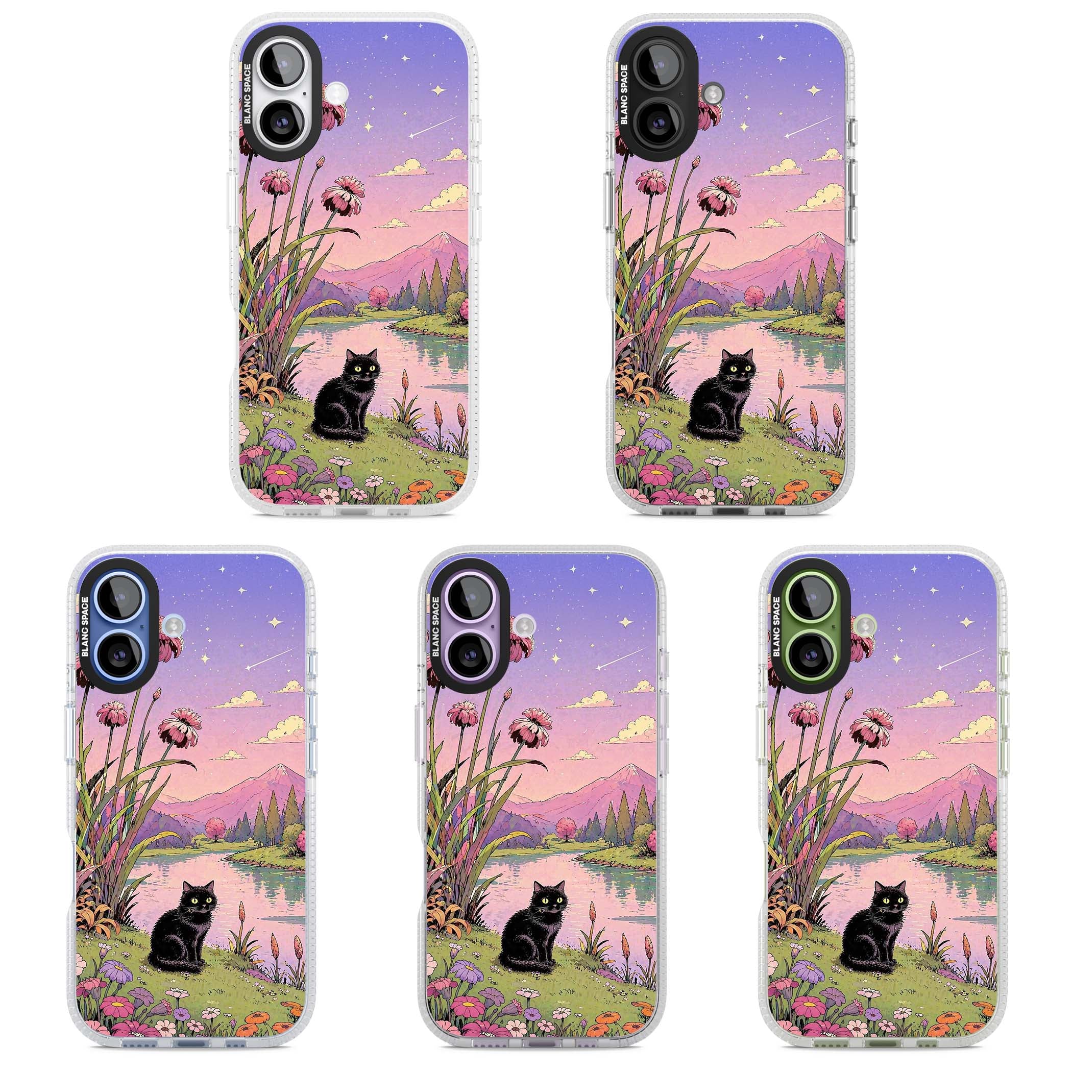 Mystic Whiskers ghibli iPhone case featuring a black cat by a pastel lake, wildflowers and a starry sunset sky | Clear Case Impact Air case for iPhone 17