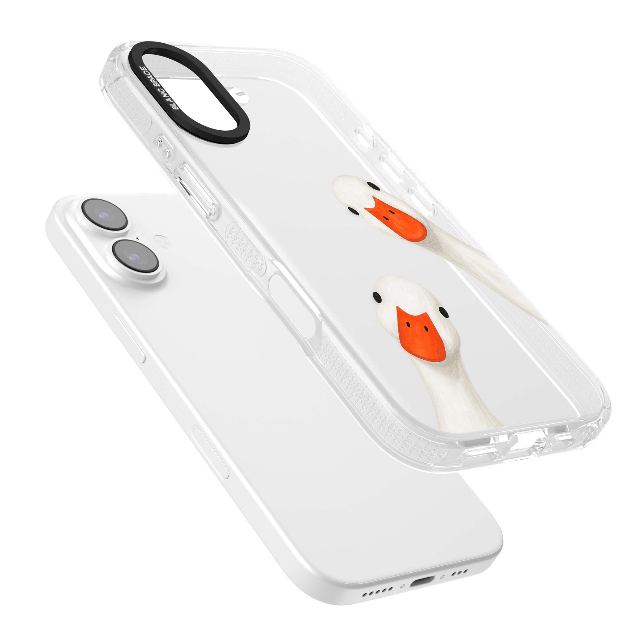 Nosy Ducks cottagecore iPhone case featuring two peeking white ducks with orange beaks on a clear background | Clear Case Impact Air case for iPhone 17