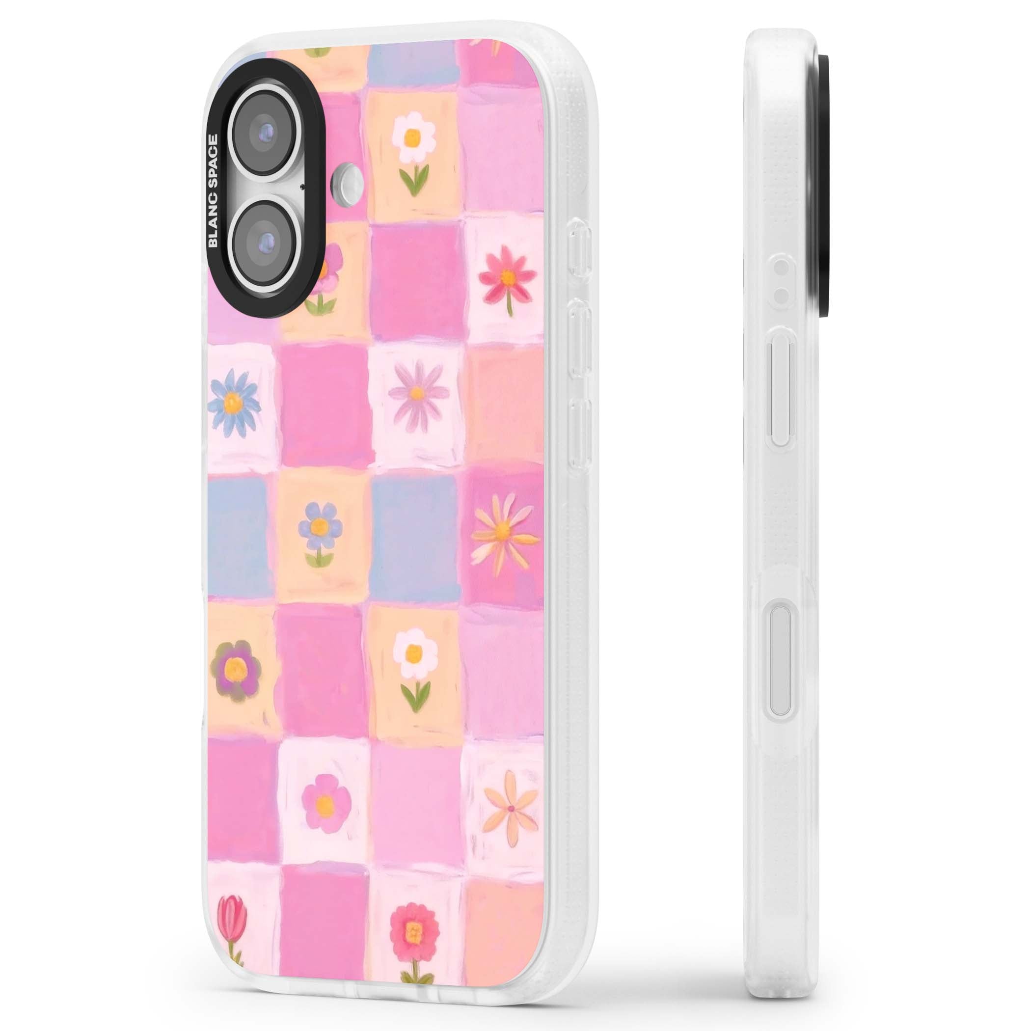 Pastel Flower Patchwork cottagecore iPhone case featuring painted pink and lilac squares with daisies and wildflowers | Clear Case Impact Air case for iPhone 17