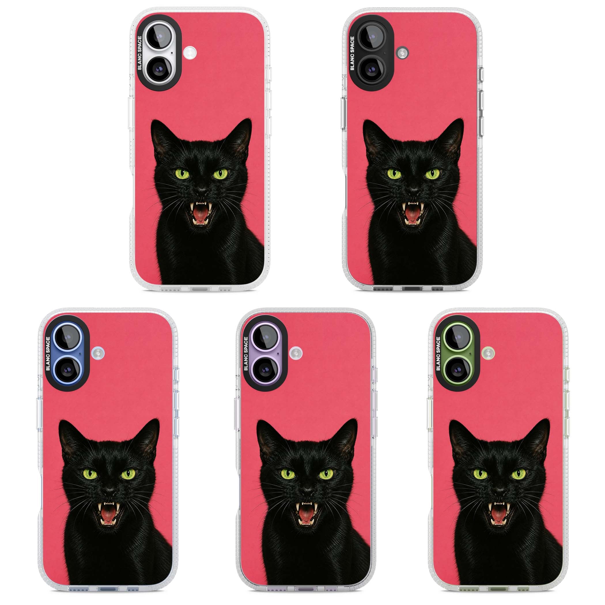 Hissin' Baddie black cat iPhone case featuring a hissing feline with green eyes on a hot pink background | Clear Case Impact Air case for iPhone 17