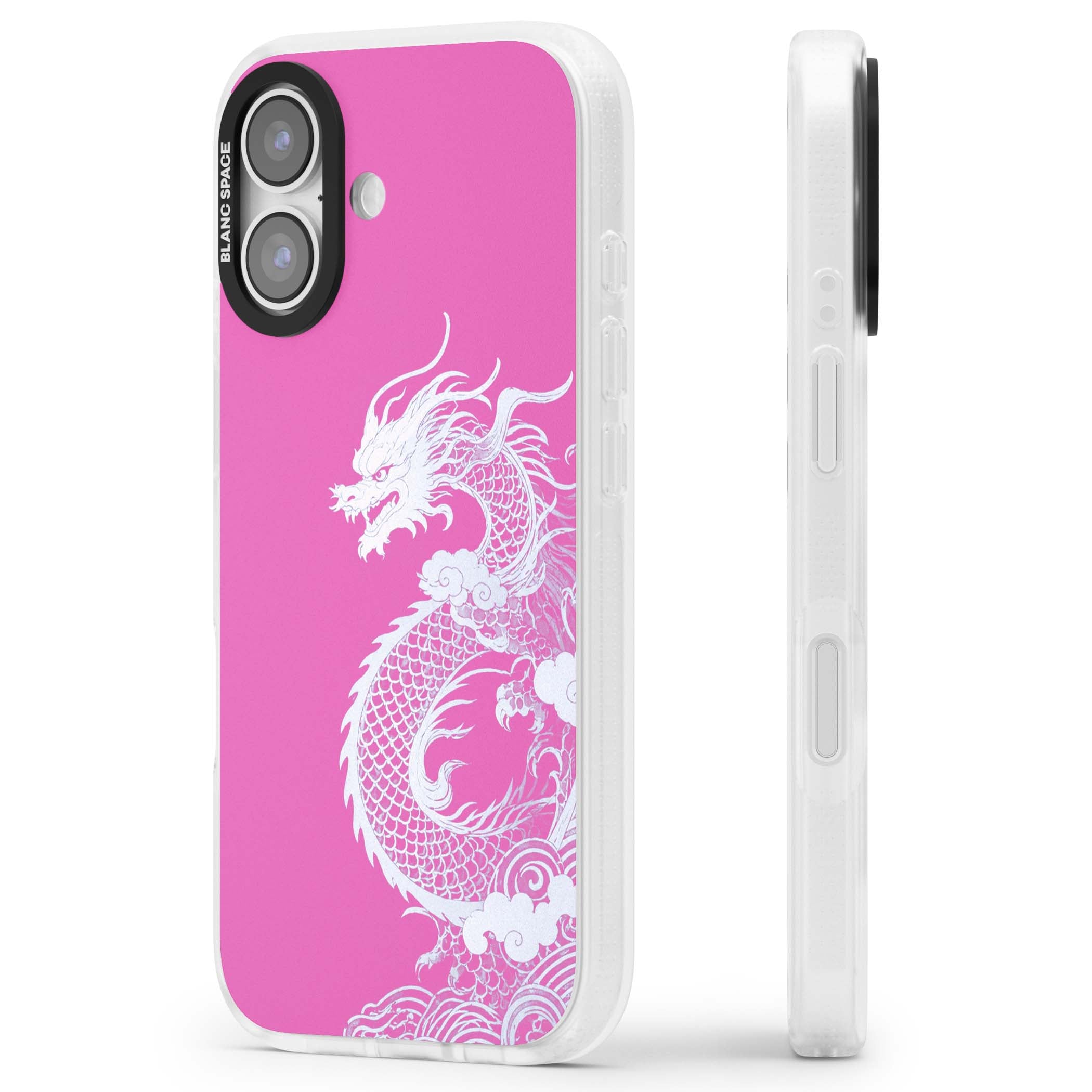 Pink Empress chinese dragon iPhone case featuring a white dragon, swirling clouds and pink dragon wallpaper backdrop | Clear Case Impact Air case for iPhone 17