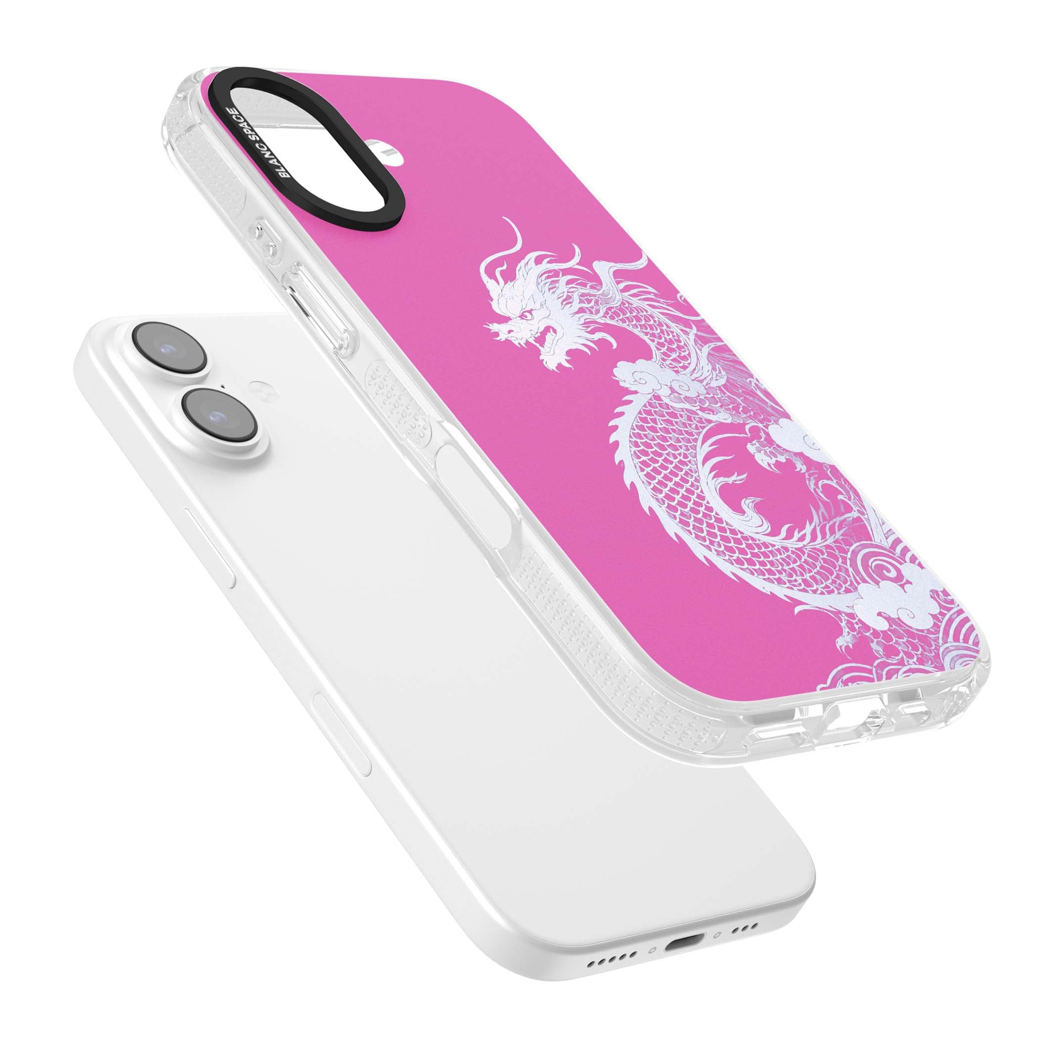 Pink Empress chinese dragon iPhone case featuring a white dragon, swirling clouds and pink dragon wallpaper backdrop | Clear Case Impact Air case for iPhone 17