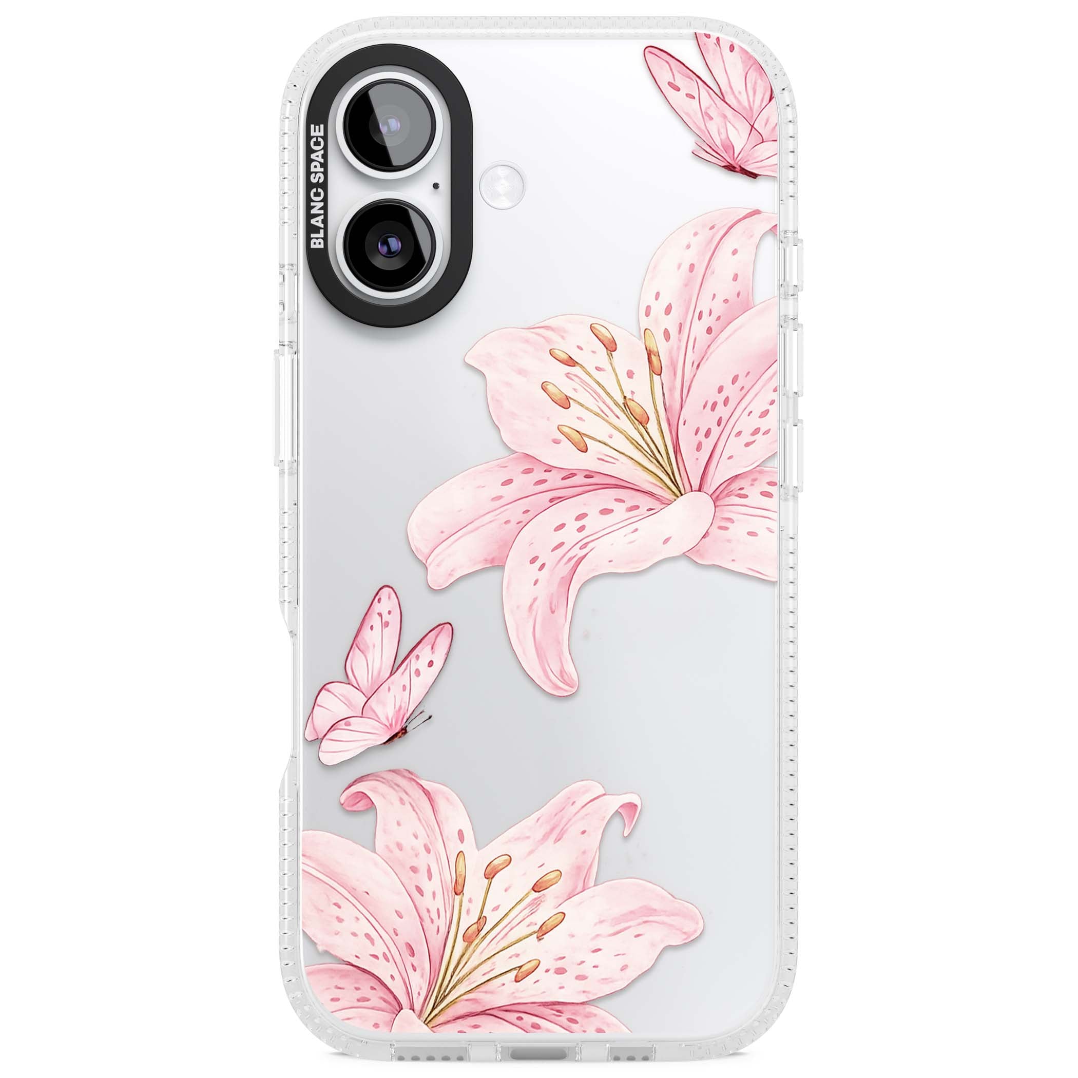 Lily Whisper floral iPhone case featuring pink watercolour lilies and delicate butterflies on a clear background | Clear Case Impact Air case for iPhone 17